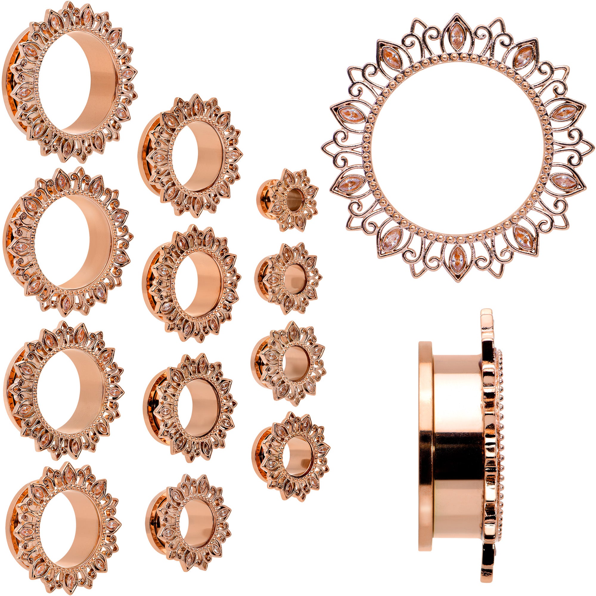 Brown Gem Rose Gold Tone Floral Edge Screw Fit Tunnel Plug Set