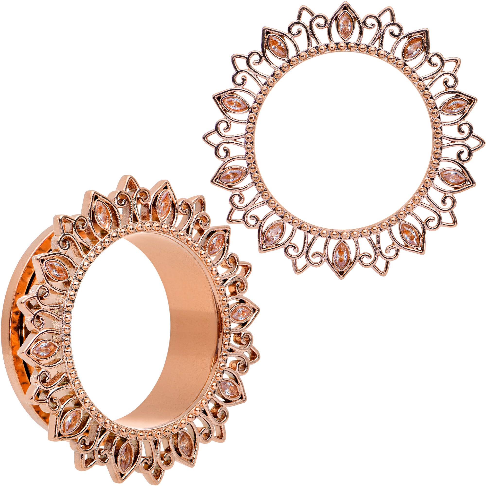 Brown Gem Rose Gold Tone Floral Edge Screw Fit Tunnel Plug Set