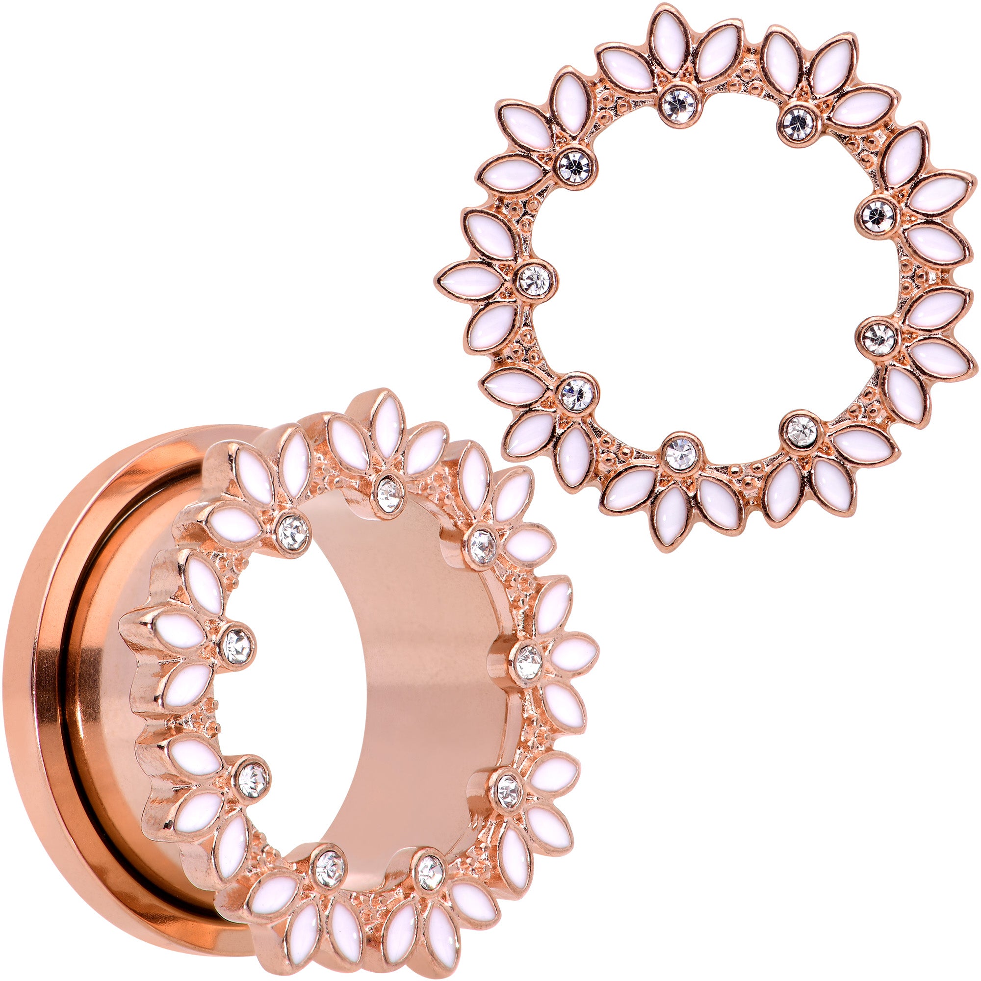 Clear Gem Rose Gold Tone White Leaves Screw Fit Tunnel Plug Set