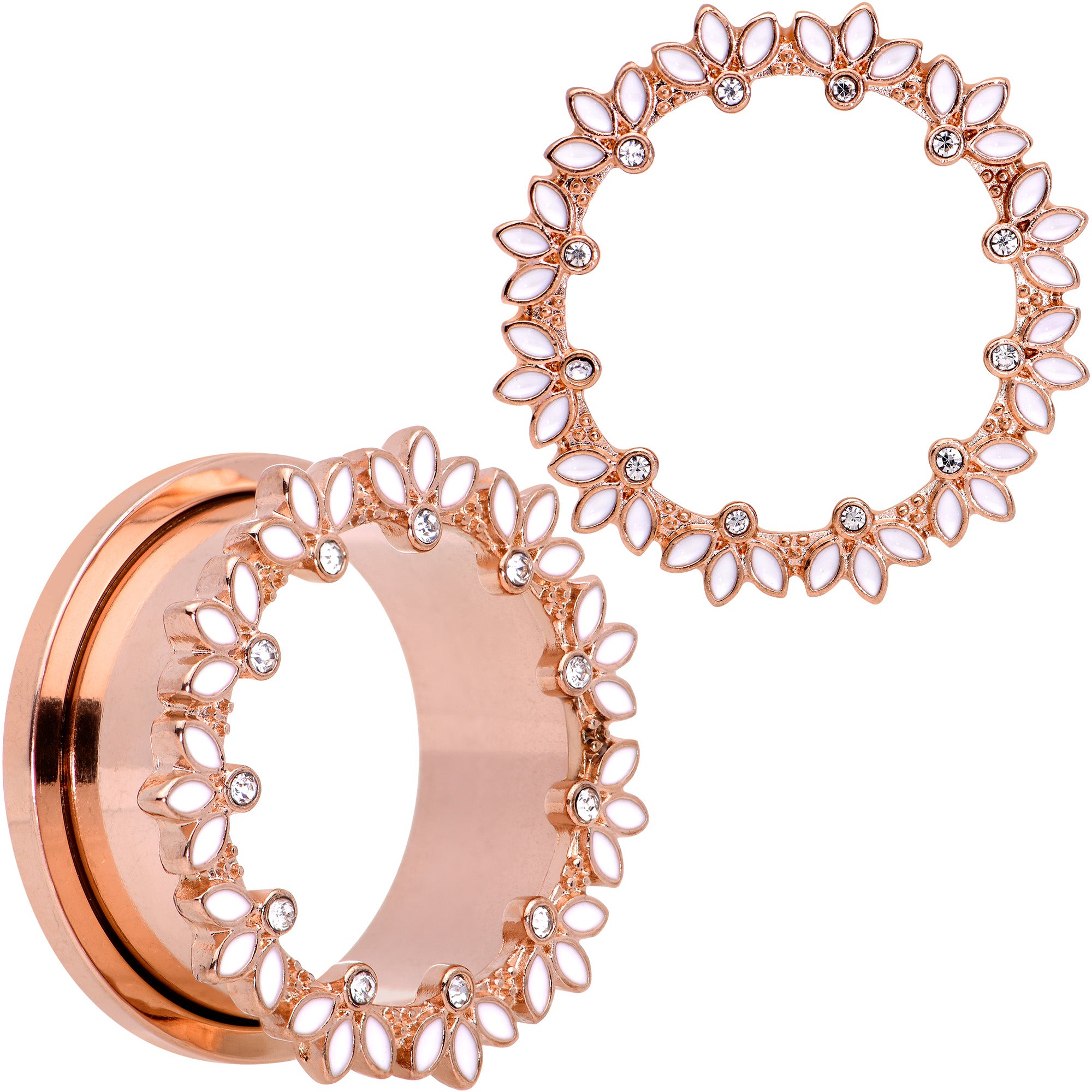 Clear Gem Rose Gold Tone White Leaves Screw Fit Tunnel Plug Set