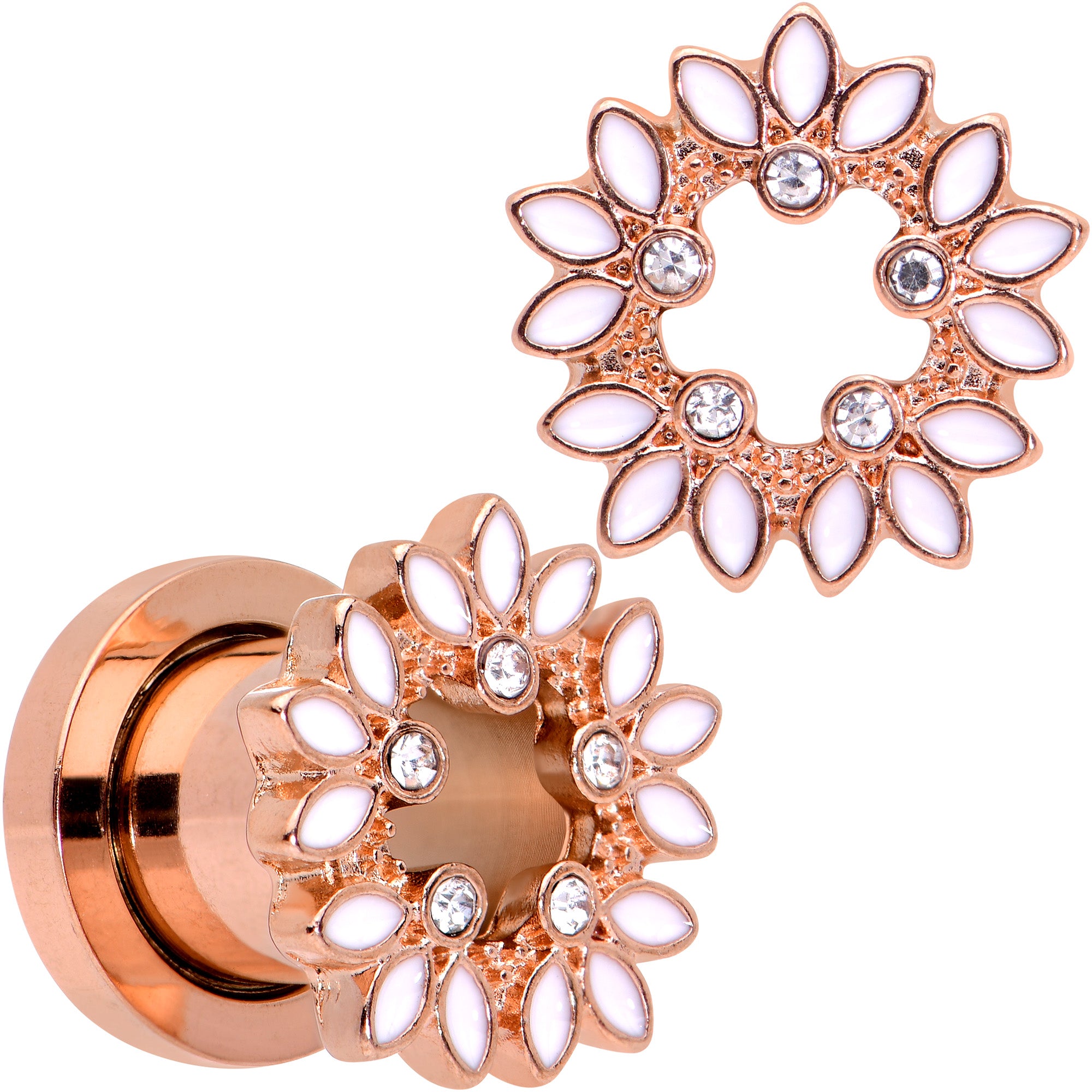 Clear Gem Rose Gold Tone White Leaves Screw Fit Tunnel Plug Set