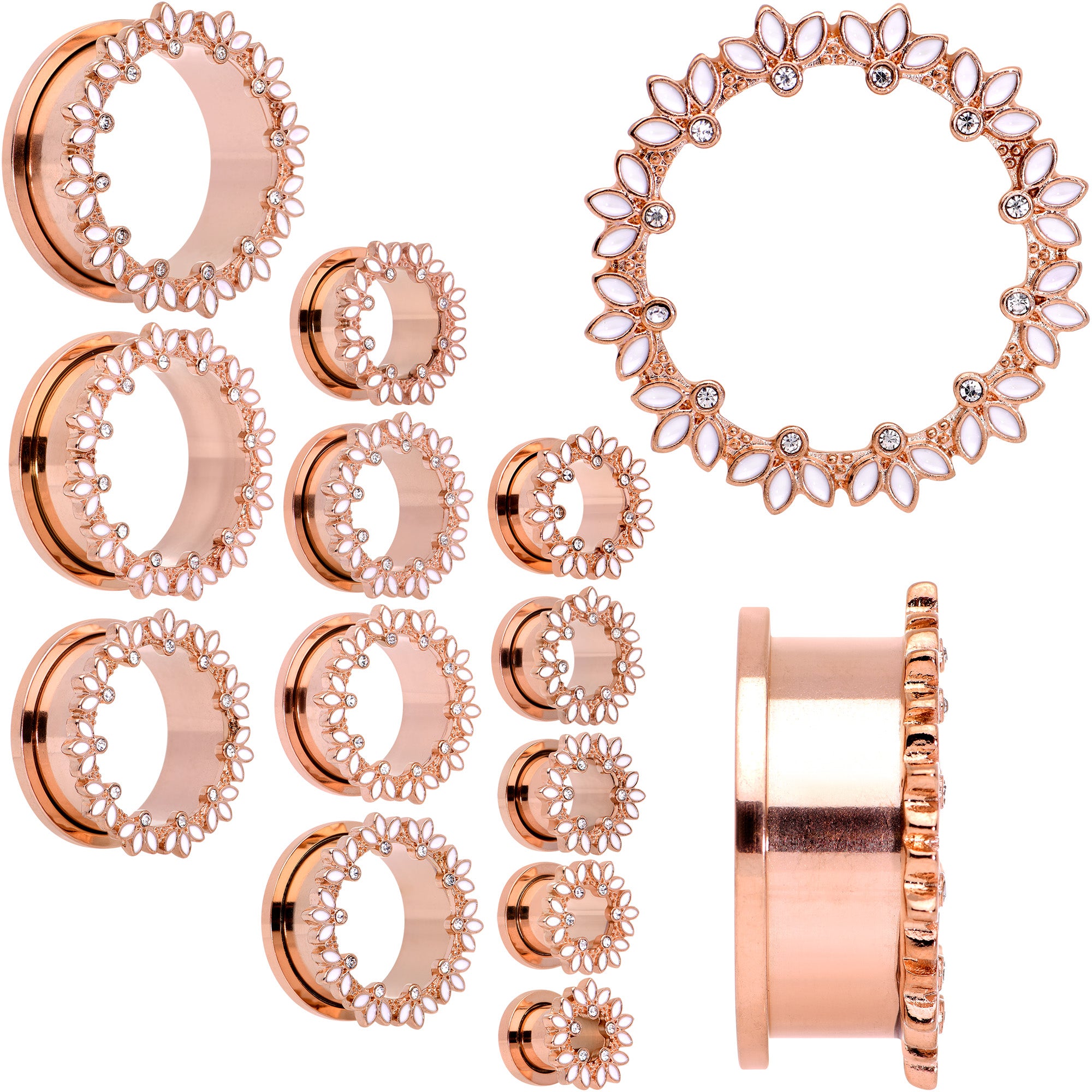 Clear Gem Rose Gold Tone White Leaves Screw Fit Tunnel Plug Set