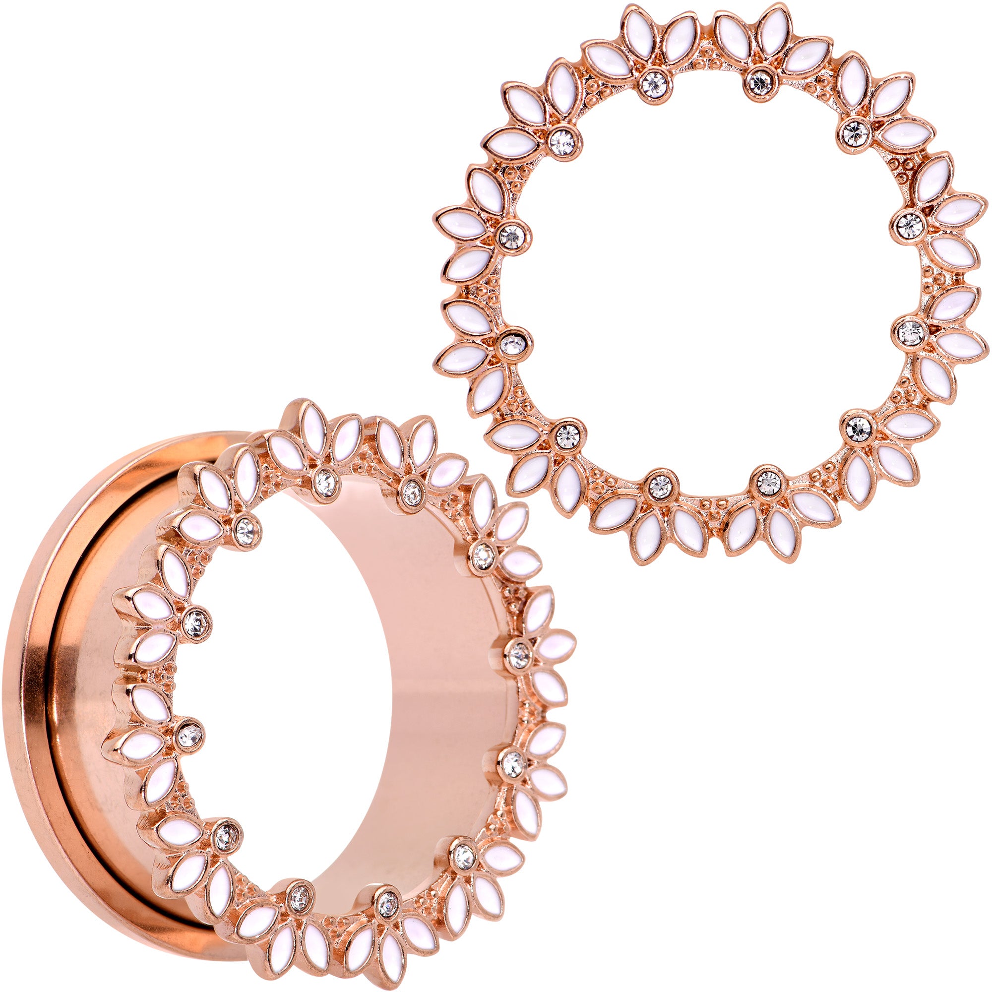 Clear Gem Rose Gold Tone White Leaves Screw Fit Tunnel Plug Set