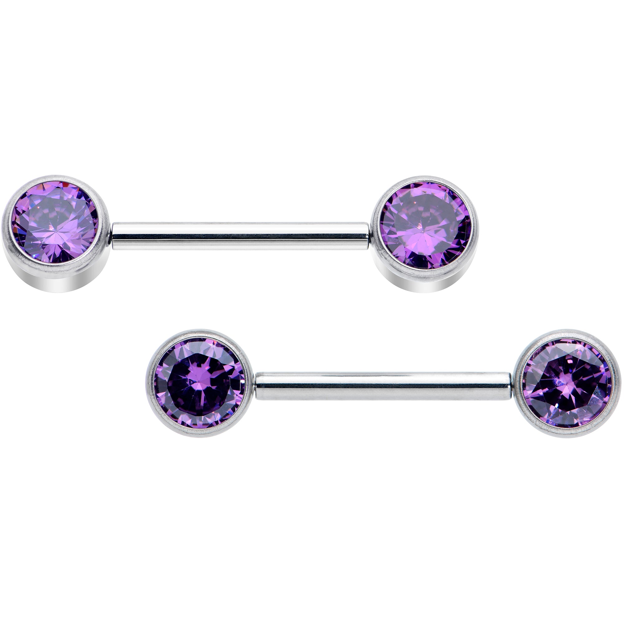 14 Gauge 9/16 Purple CZ Gem G23 Titanium Threadless Nipple Ring Set