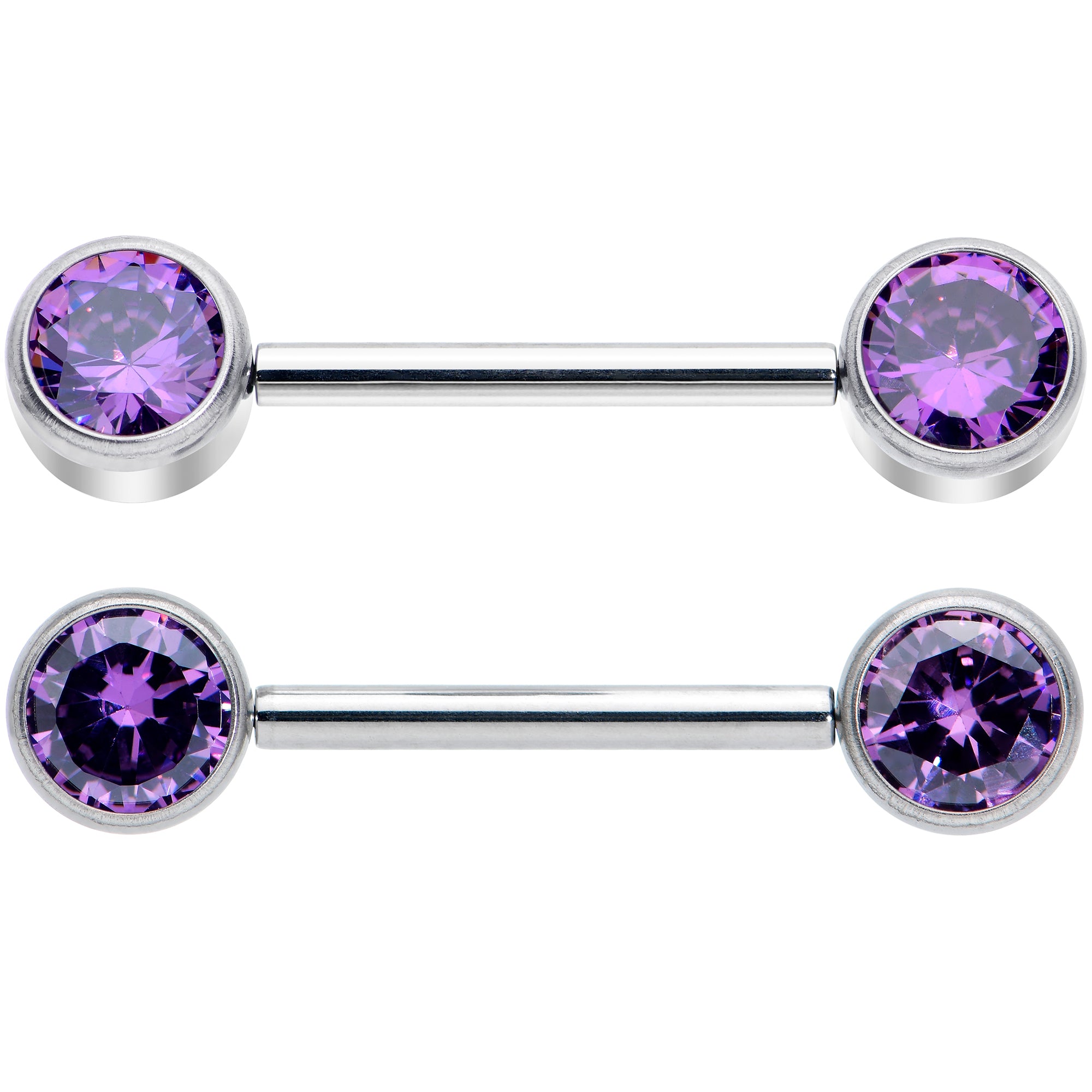 14 Gauge 9/16 Purple CZ Gem G23 Titanium Threadless Nipple Ring Set