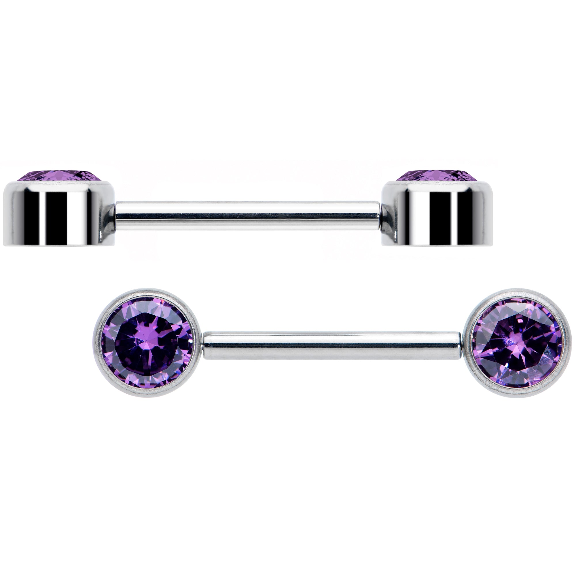 14 Gauge 9/16 Purple CZ Gem G23 Titanium Threadless Nipple Ring Set