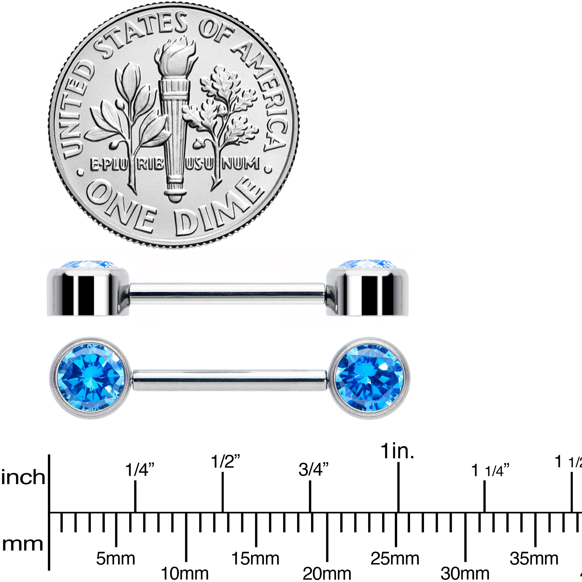 14 Gauge 9/16 Blue CZ Gem G23 Titanium Threadless Nipple Ring Set