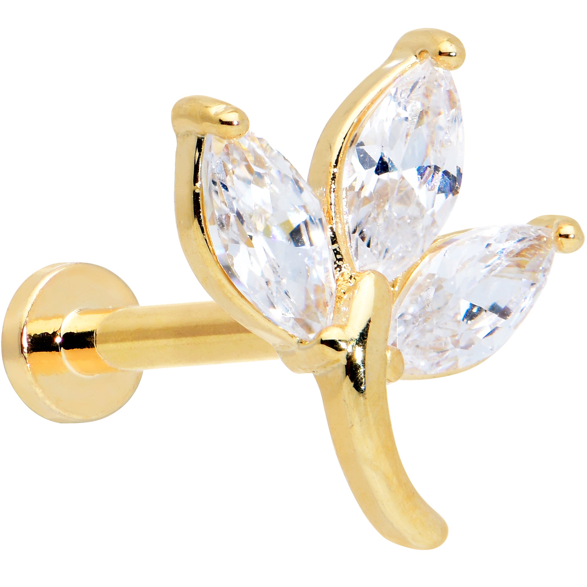 16 Gauge 5/16 Clear CZ Gem Gold Tone Leaves Internally Threaded Labret