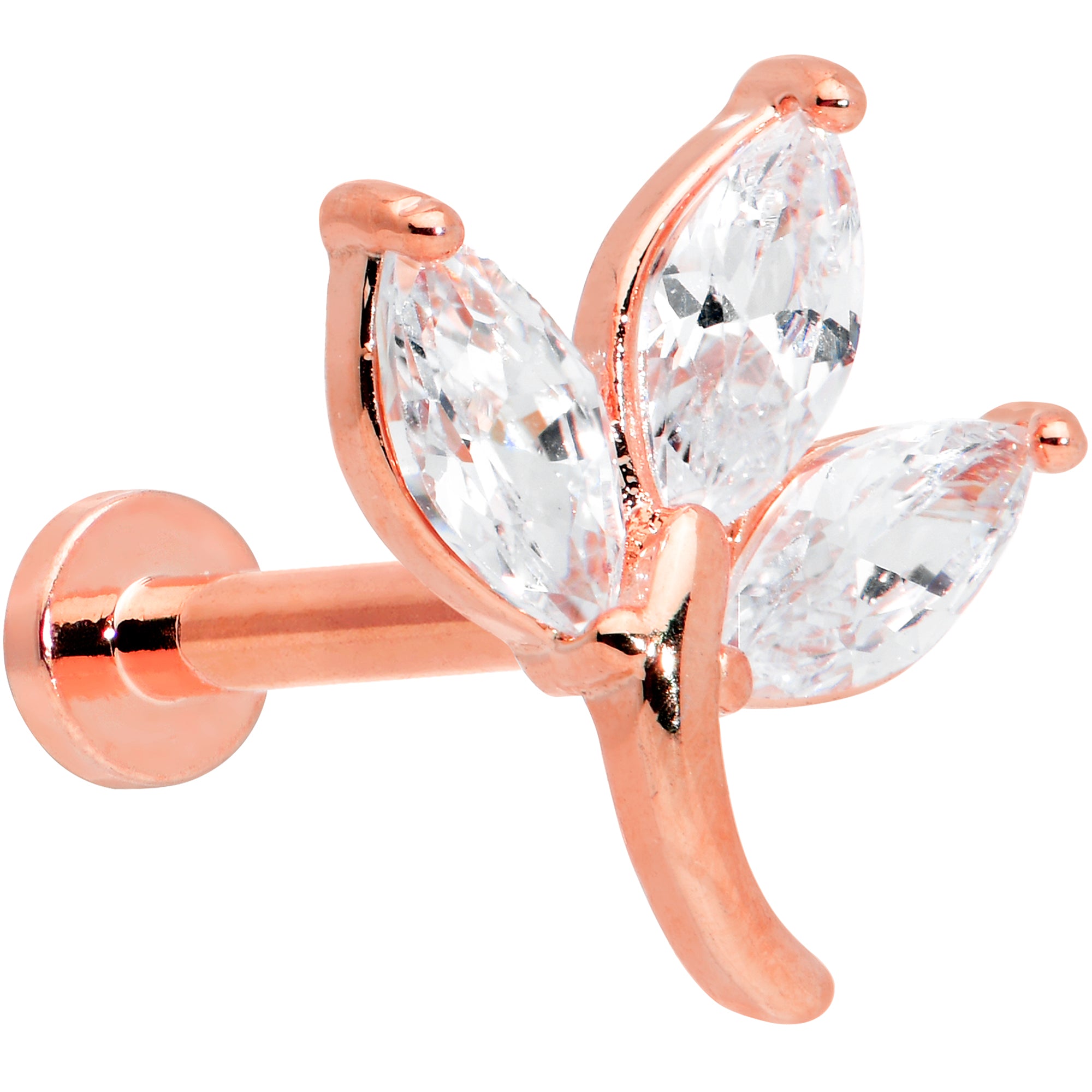 16 Gauge 5/16 Clear CZ Gem Rose Gold Tone Leaf Internal Thread Labret