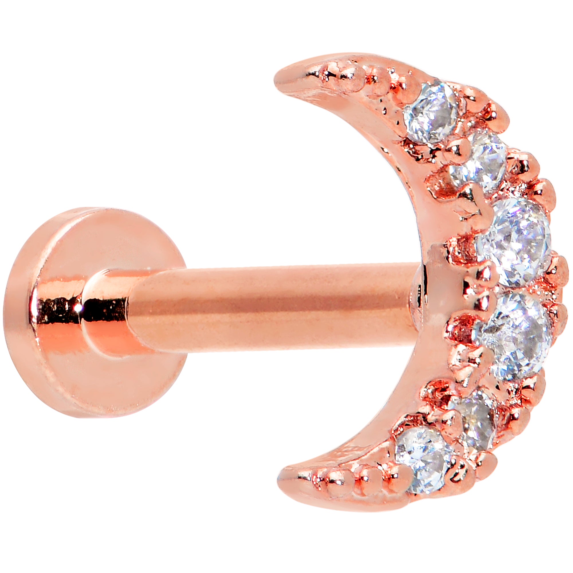 16 Gauge 5/16 Clear CZ Gem Rose Gold Tone Moon Internal Thread Labret