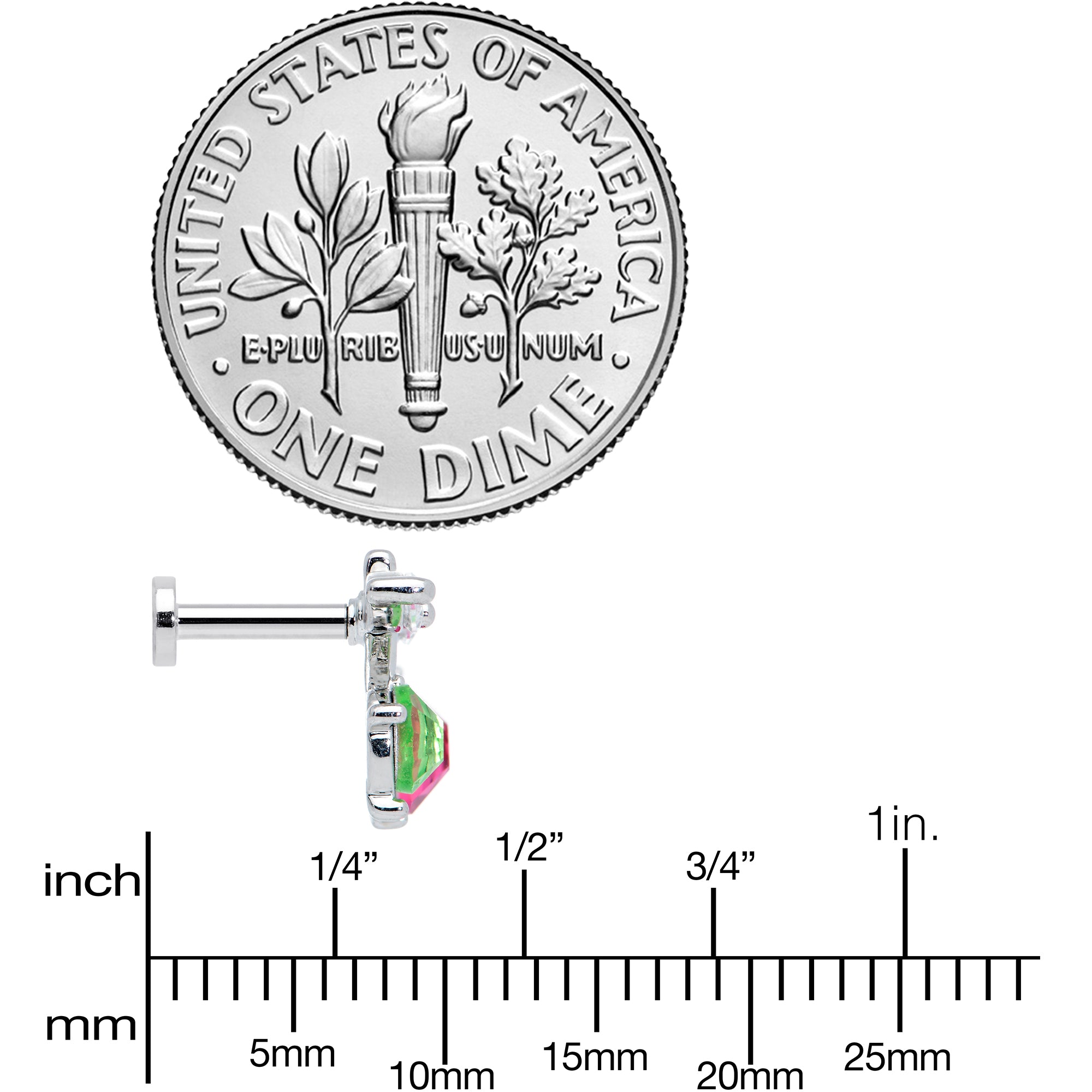 16 Gauge 1/4 Red Green CZ Gem Internal Thread Cherries Labret Tragus