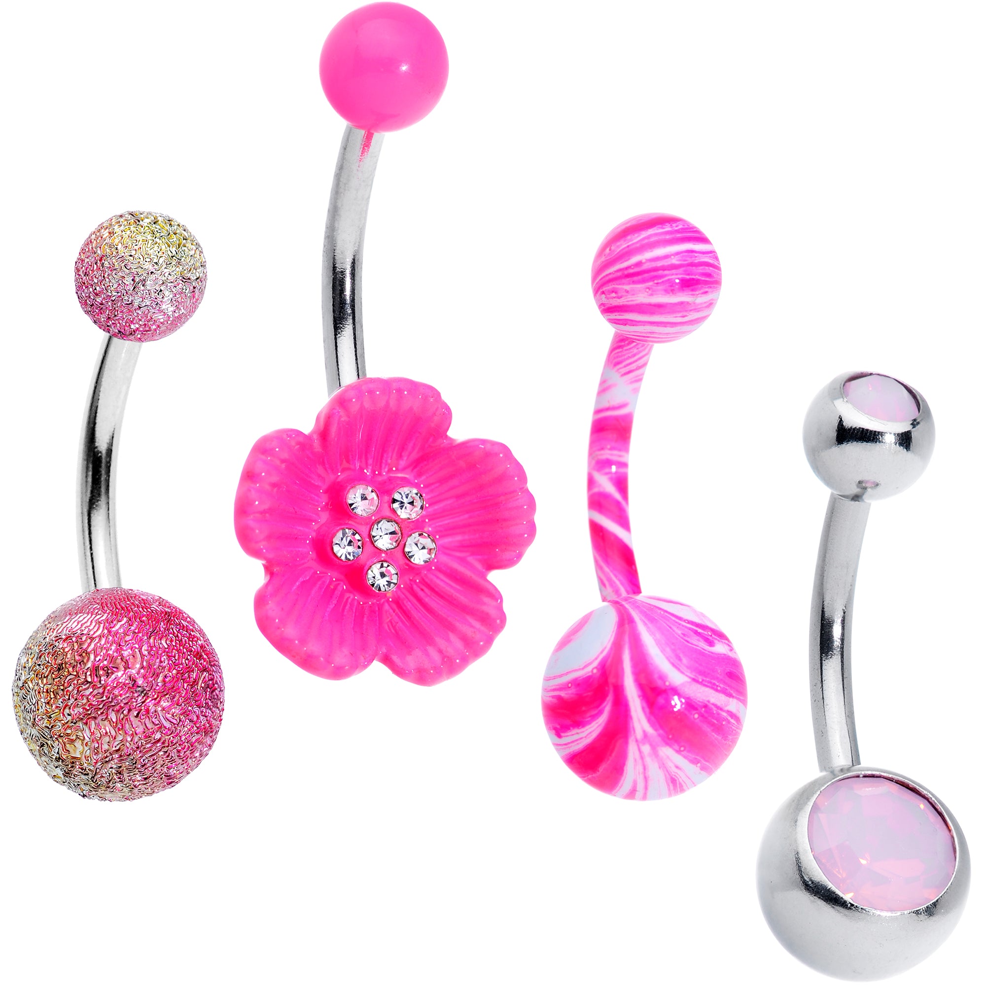 Pink Faux Opal Clear Gem Pink Sandblast Flower Belly Ring Set of 4