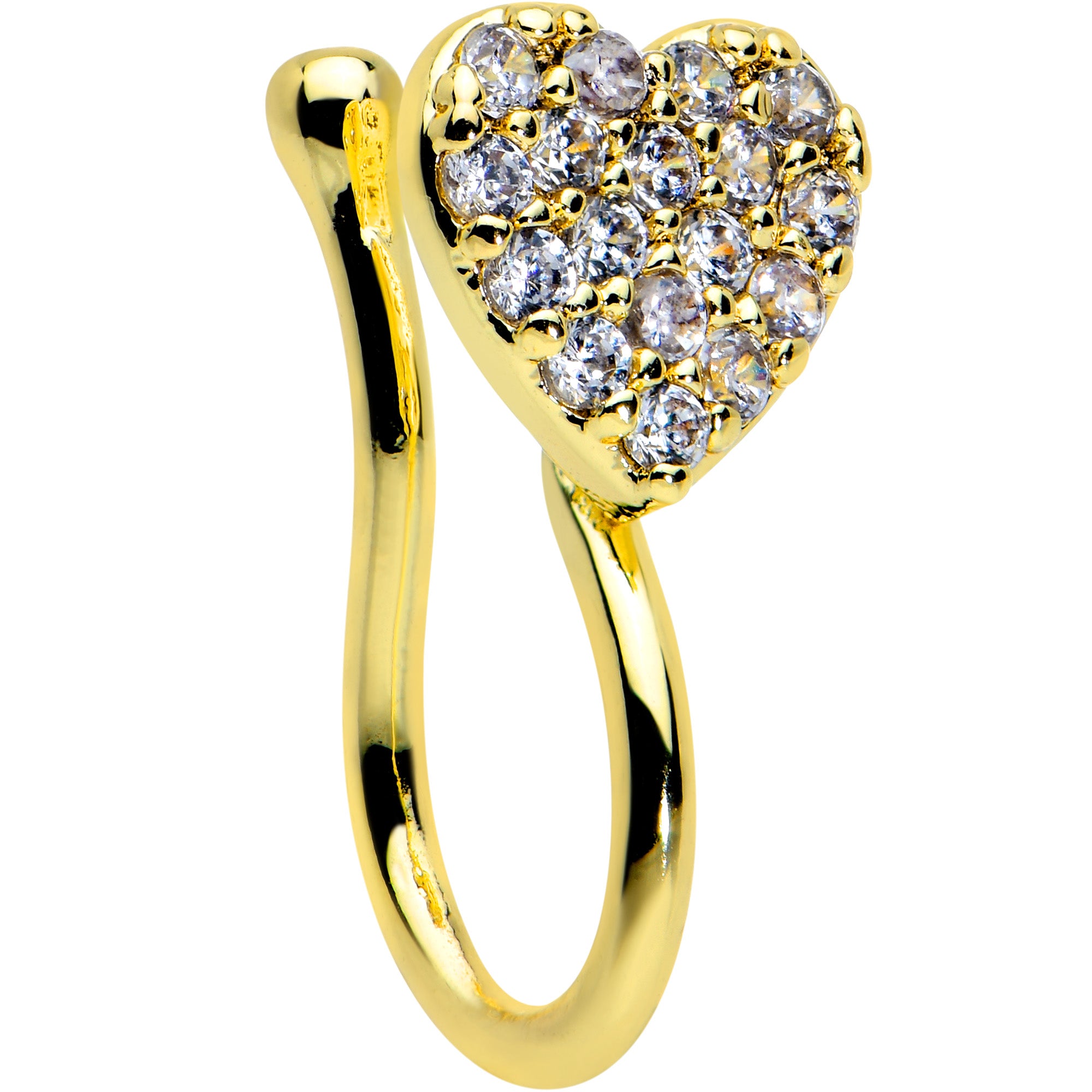 Clear CZ Gem Gold Tone Paved Heart Clip On Fake Nose Ring