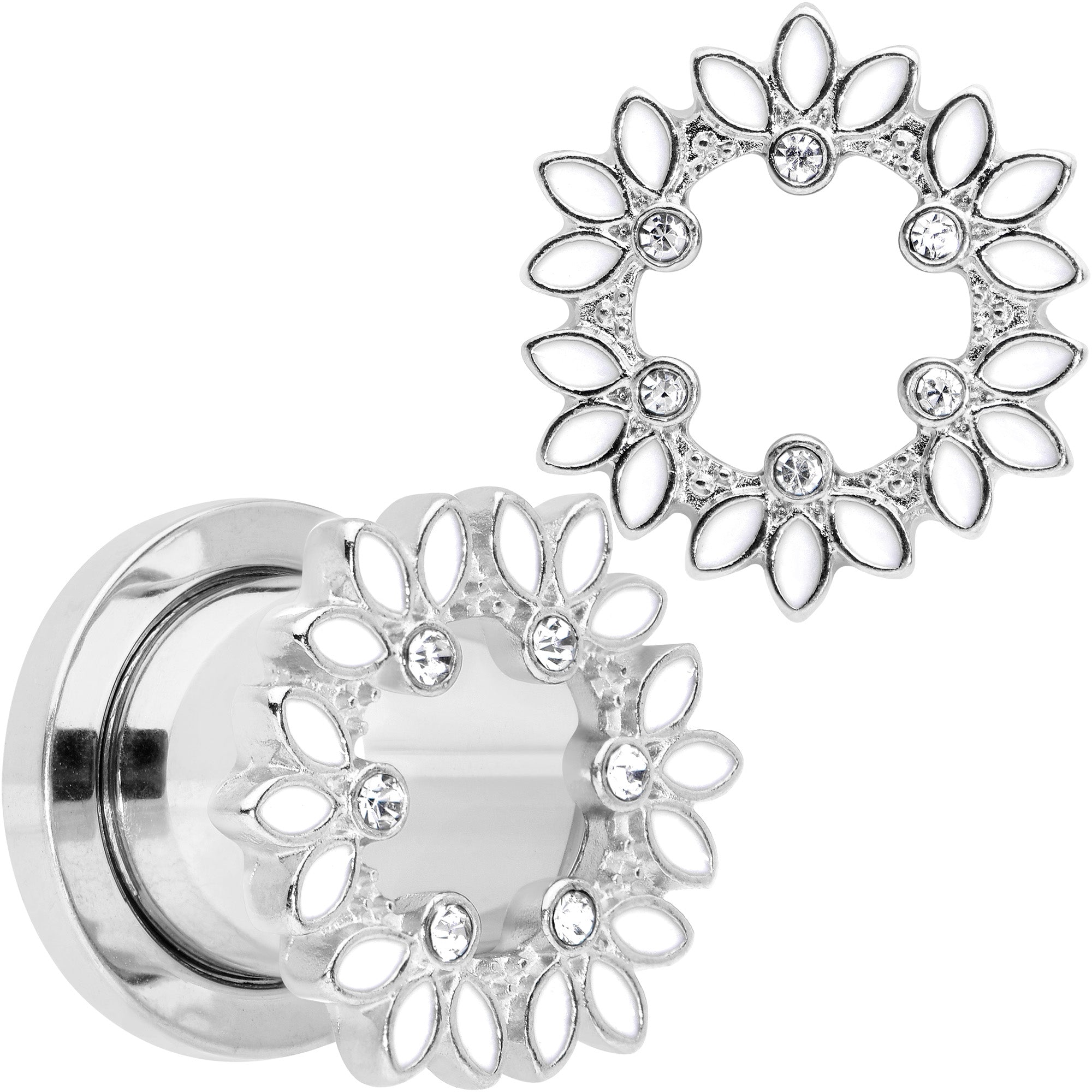 Clear Gem White Leaves Screw Fit Tunnel Plug Set