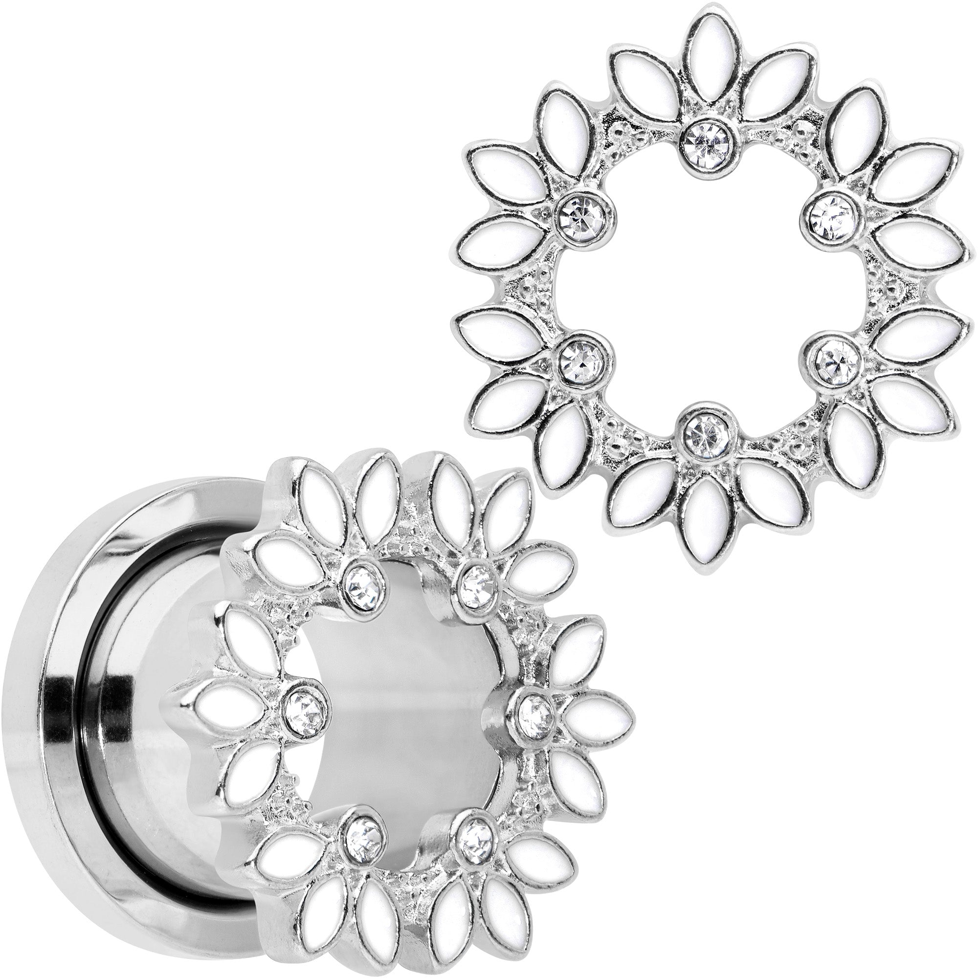 Clear Gem White Leaves Screw Fit Tunnel Plug Set