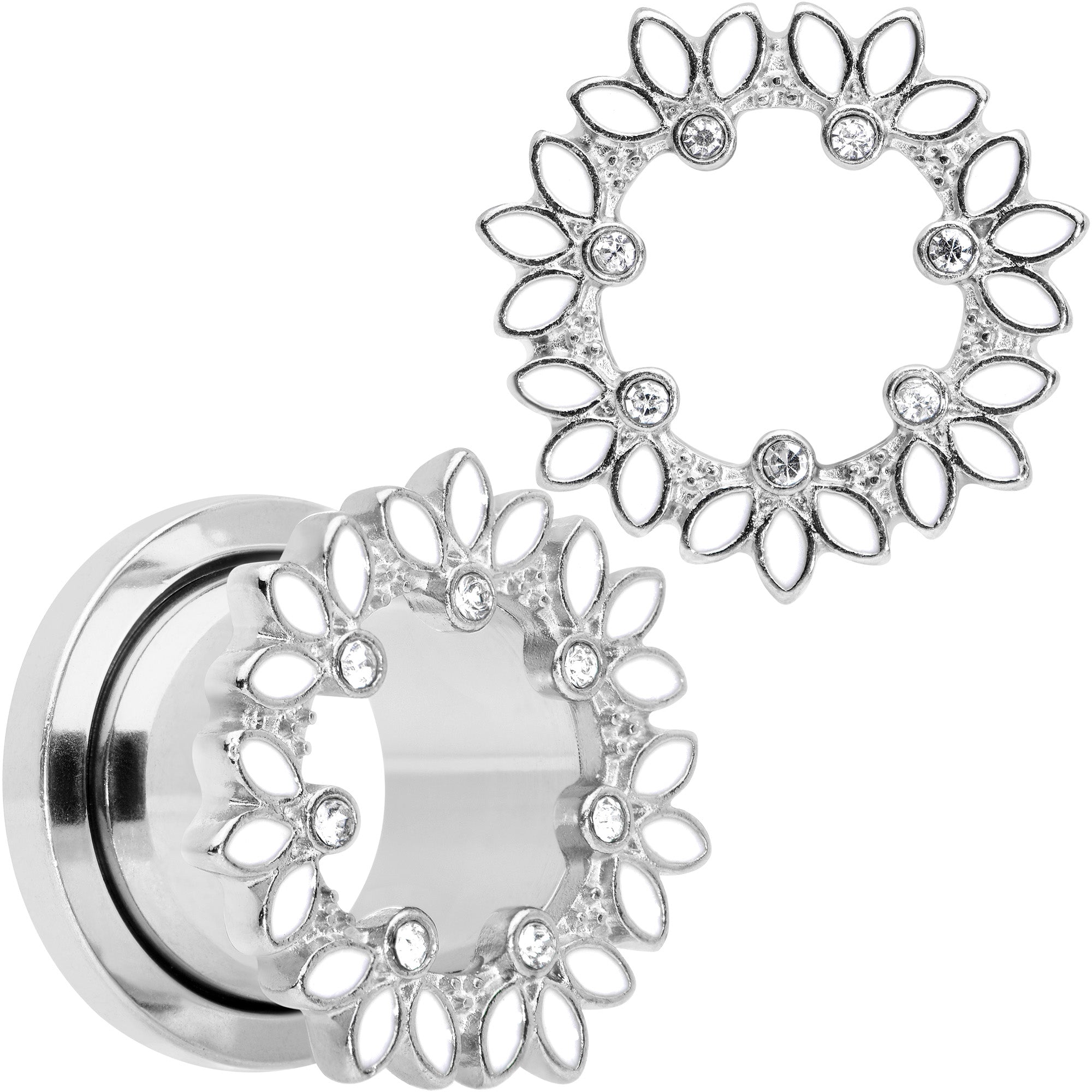 Clear Gem White Leaves Screw Fit Tunnel Plug Set