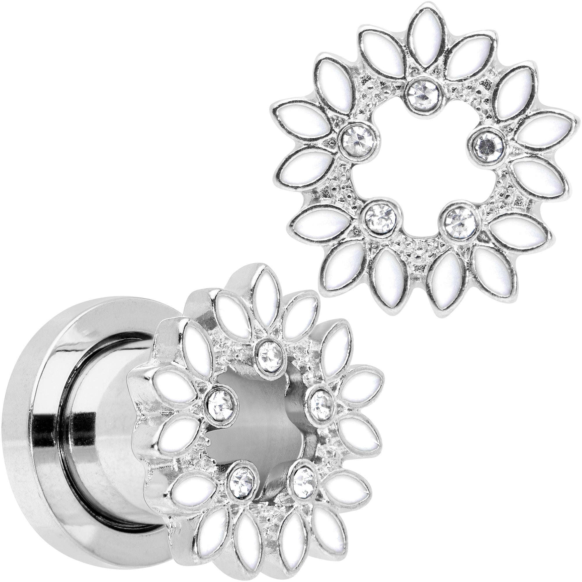 Clear Gem White Leaves Screw Fit Tunnel Plug Set