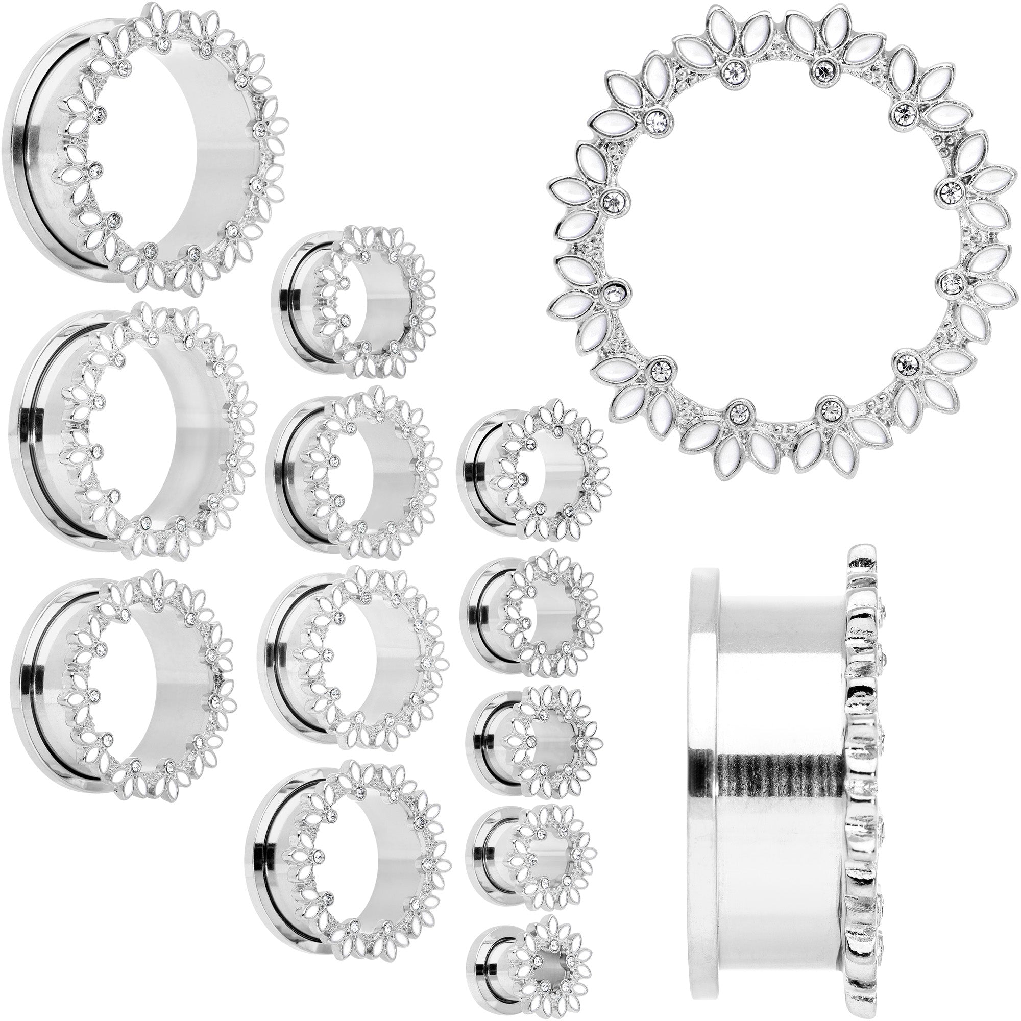 Clear Gem White Leaves Screw Fit Tunnel Plug Set