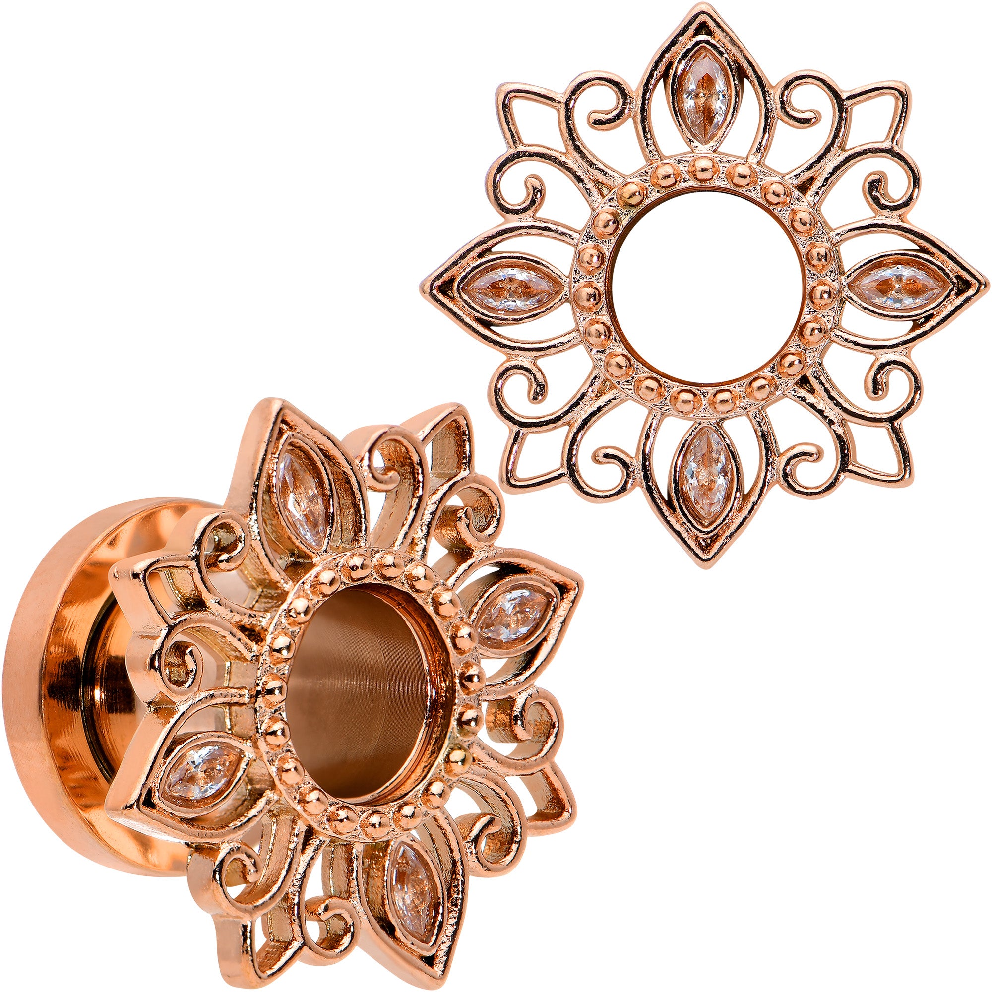 2 Gauge Brown Gem Rose Gold Tone Floral Screw Fit Tunnel Plug Set