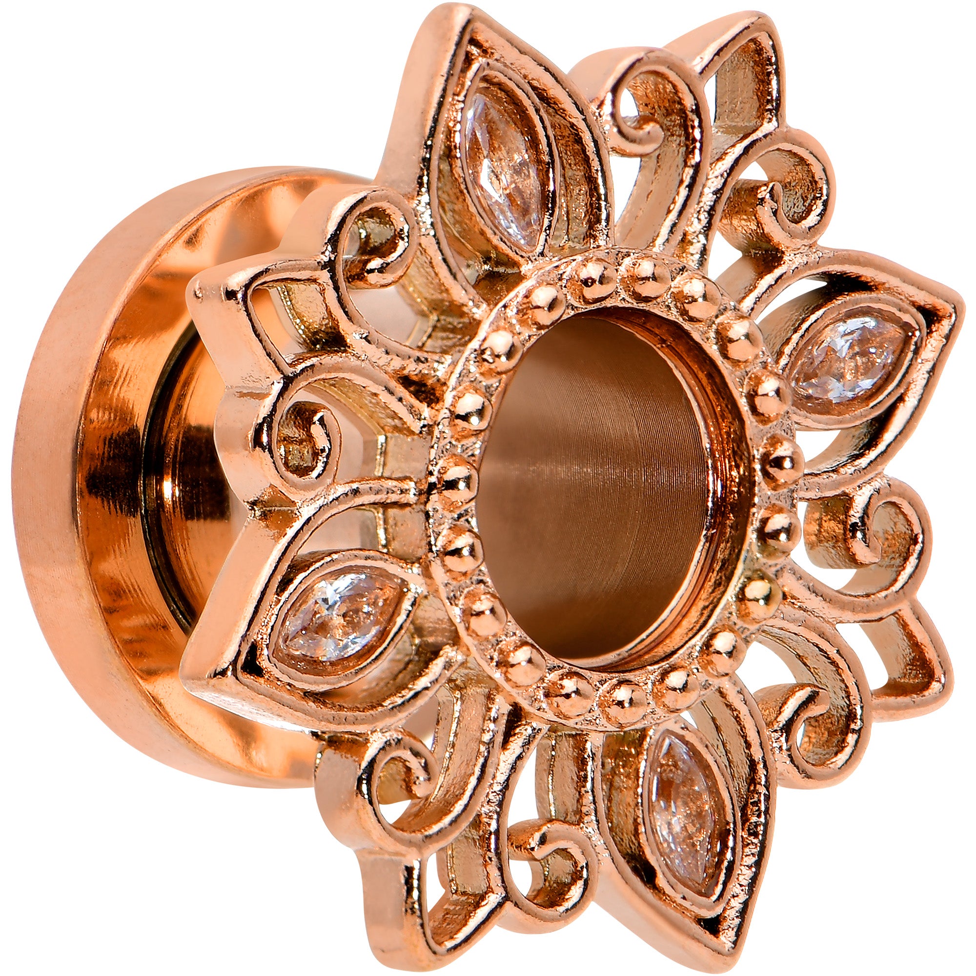 2 Gauge Brown Gem Rose Gold Tone Floral Screw Fit Tunnel Plug Set