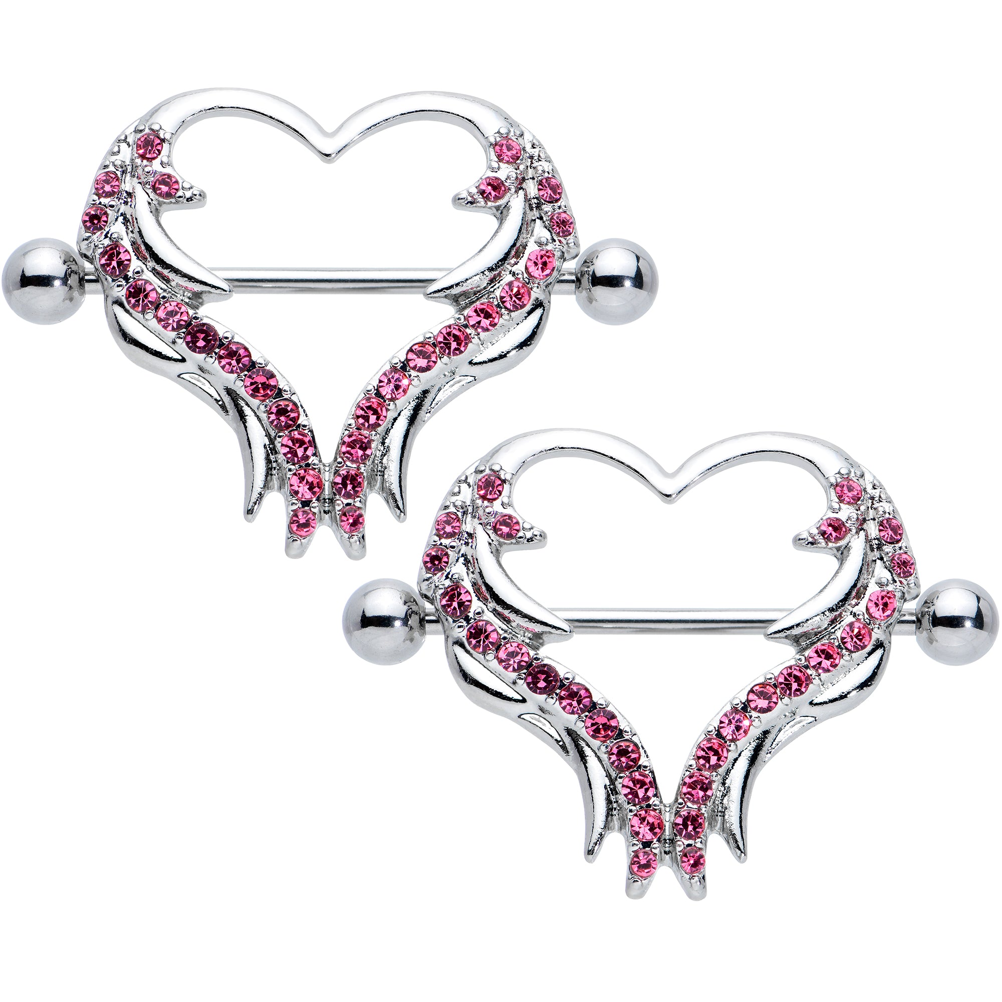 14 Gauge 3/4 Pink Gem Rock and Roll Heart Nipple Shield Set