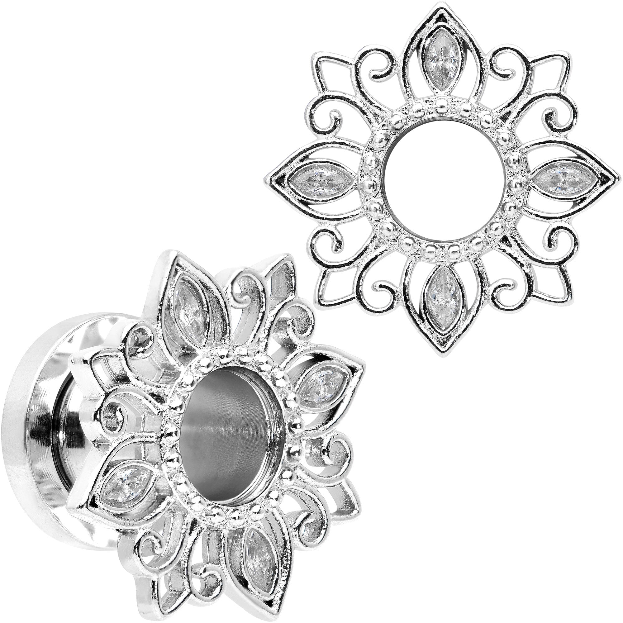 Clear Gem Floral Lotus Screw Fit Tunnel Plug Set