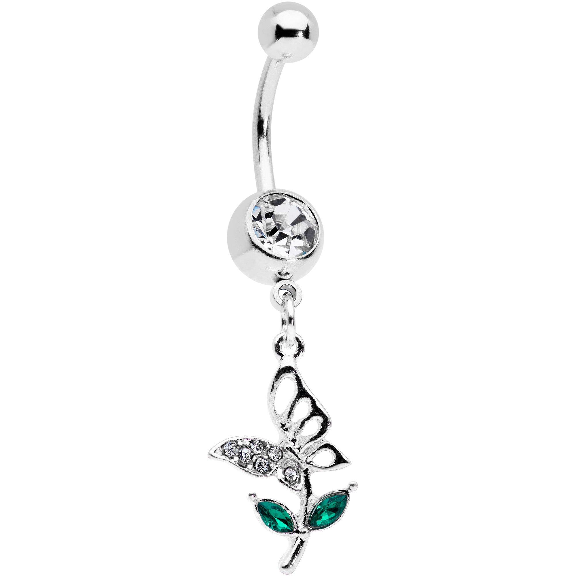 Clear Green Gem Perching Floral Butterfly Dangle Belly Ring