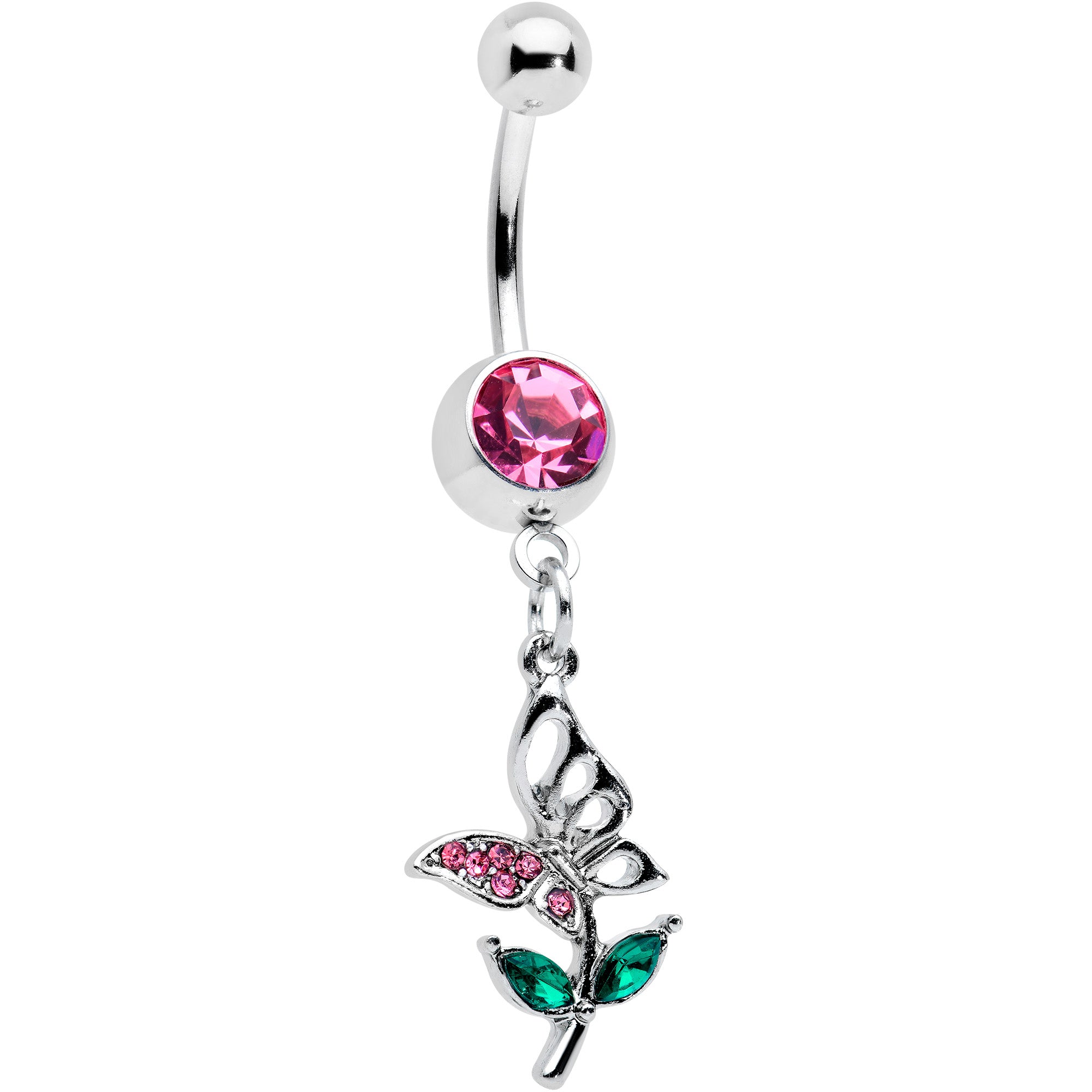 Pink Green Gem Perching Floral Butterfly Dangle Belly Ring