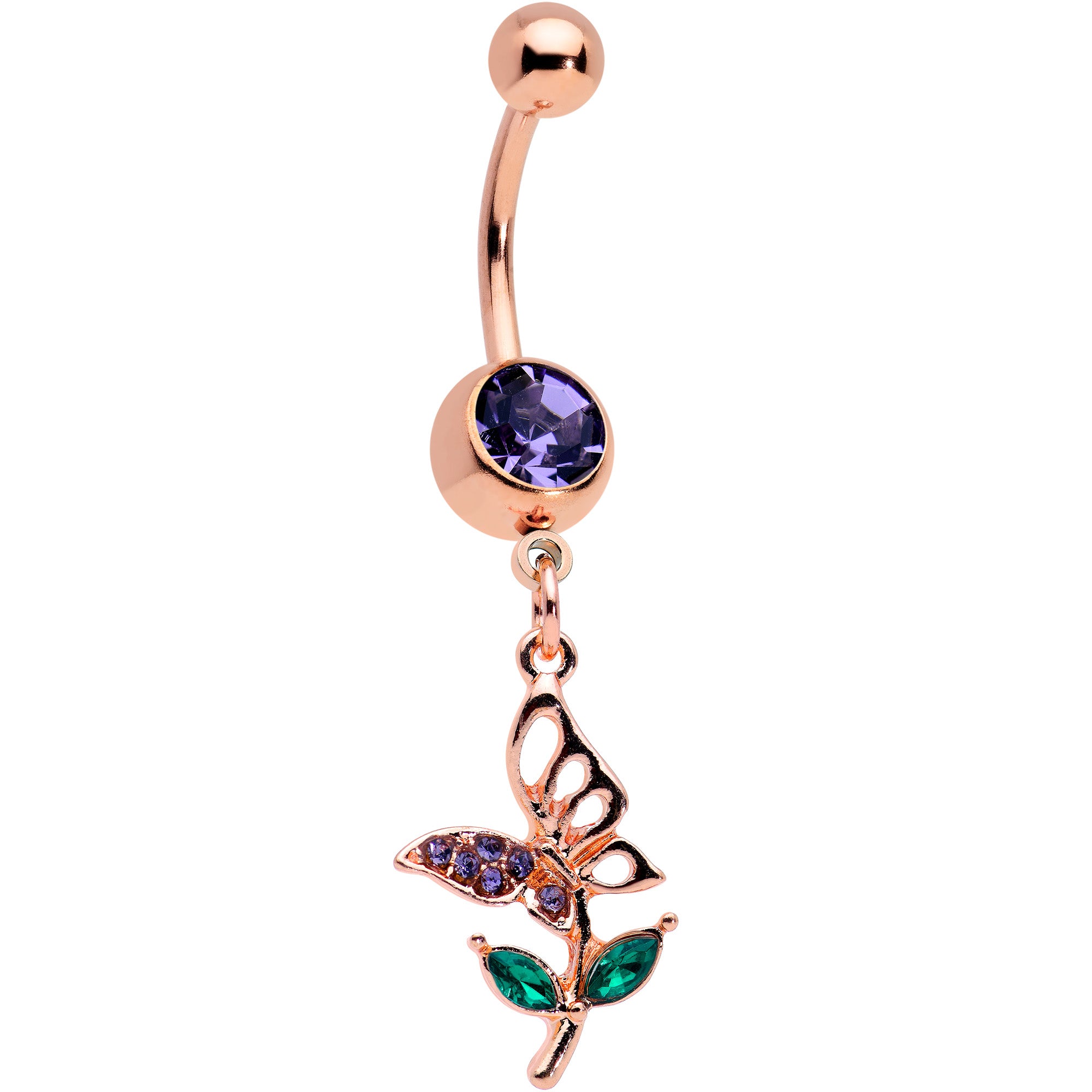 Purple Gem Rose Gold Tone Perching Floral Butterfly Dangle Belly Ring