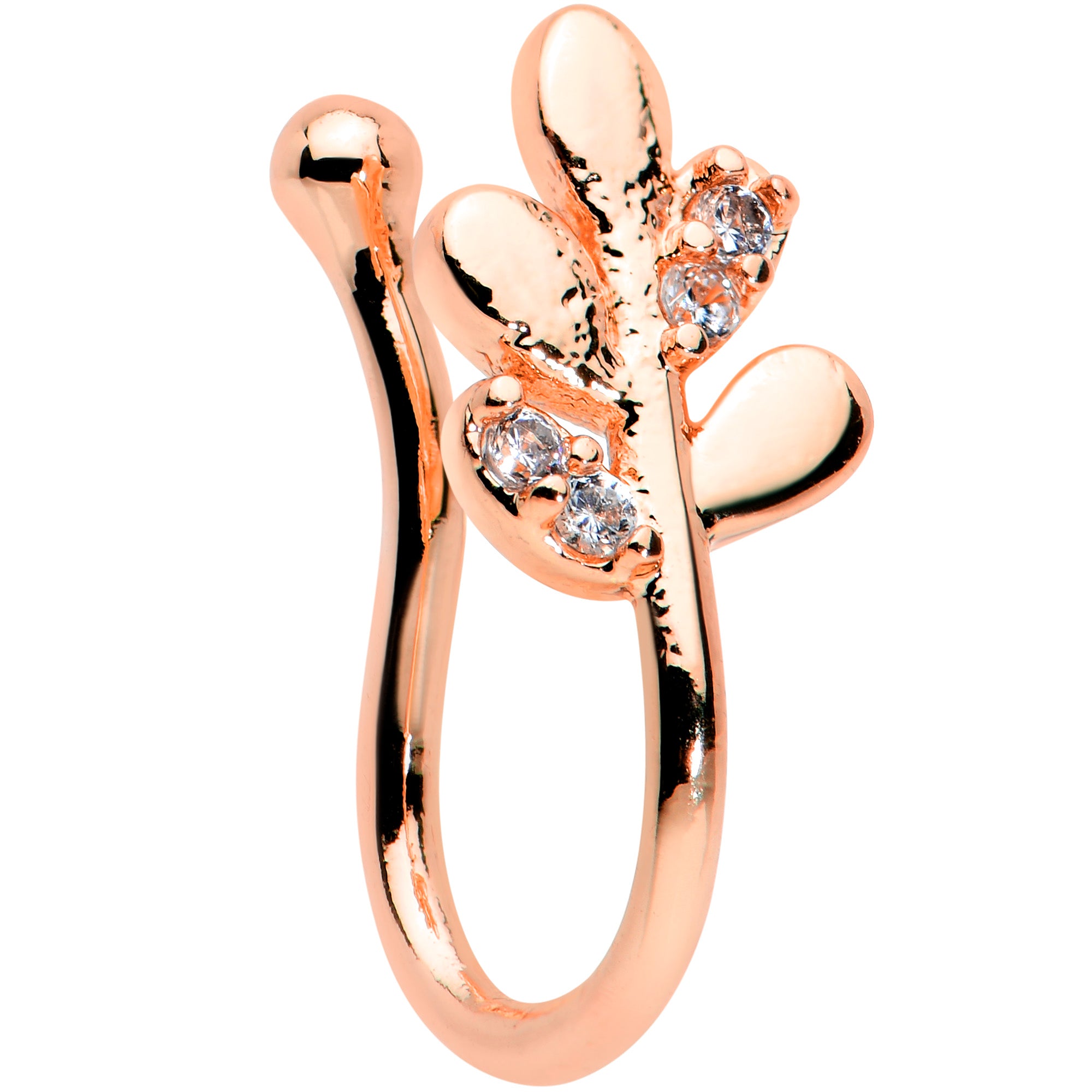 Clear Gem Rose Gold Tone Leaves of Love Clip On Fake Nose Ring