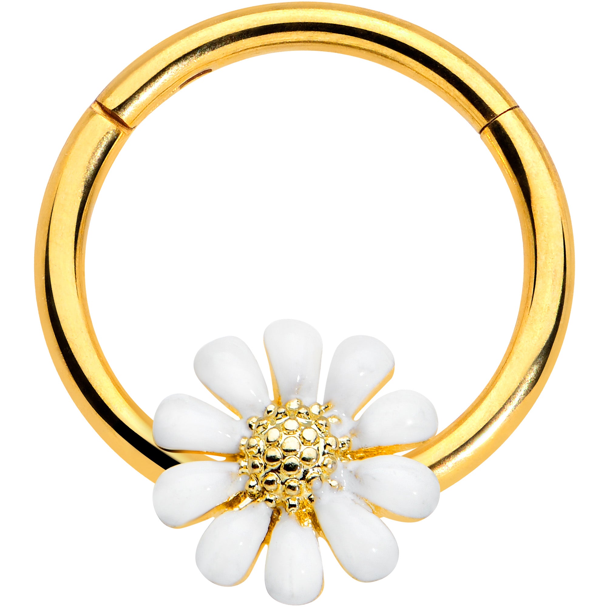 16 Gauge 3/8 Gold Tone Innocence White Flower Hinged Segment Ring