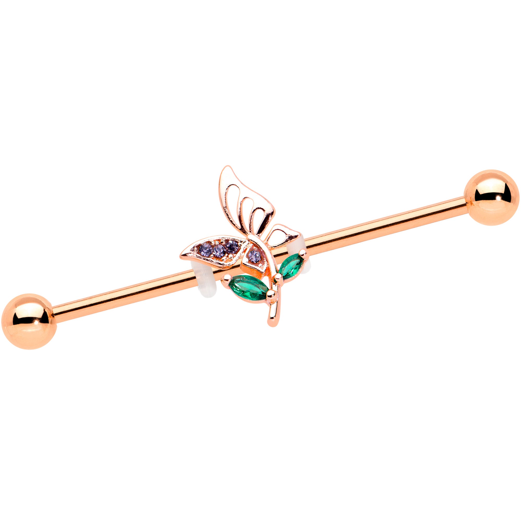 14 Gauge Purple Gem Rose Gold Tone Butterfly Industrial Barbell 38mm