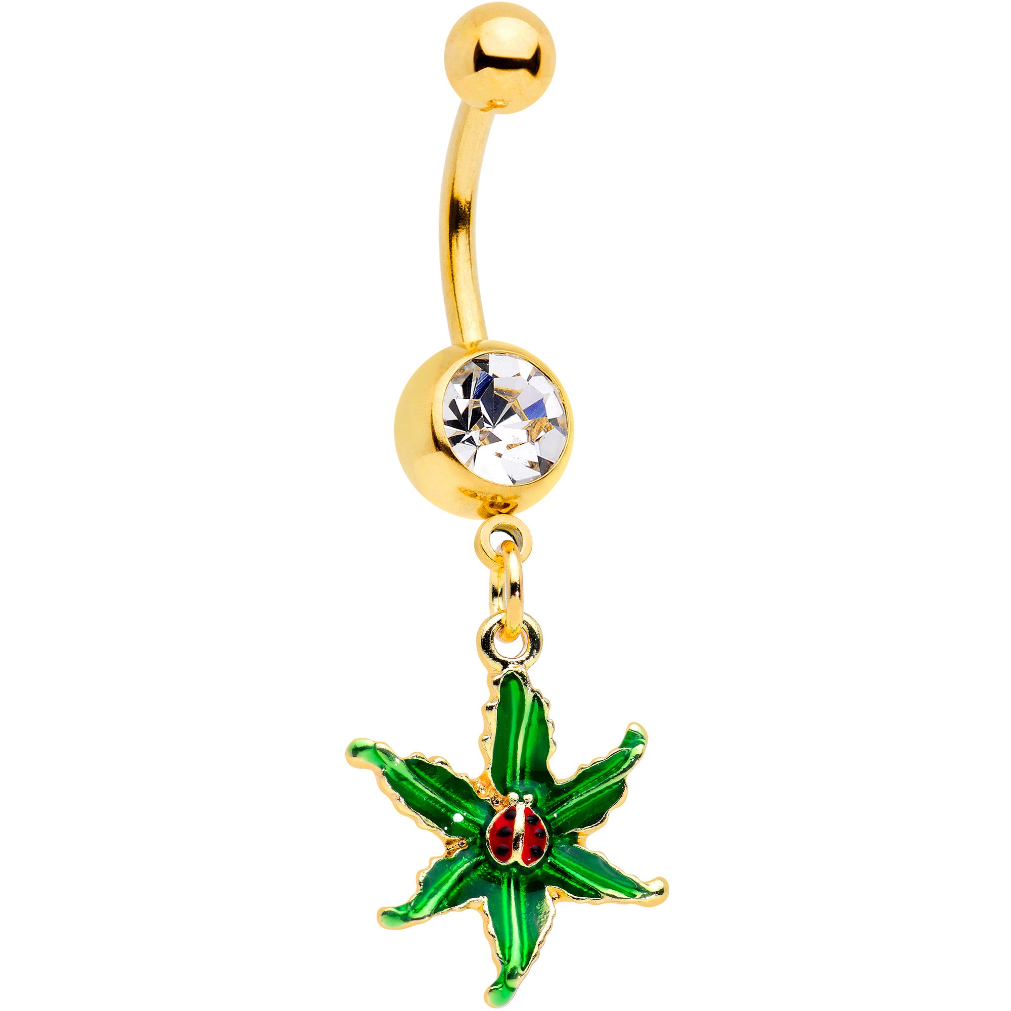 Clear Gem Gold Tone Tiny Ladybug Leaves Dangle Belly Ring