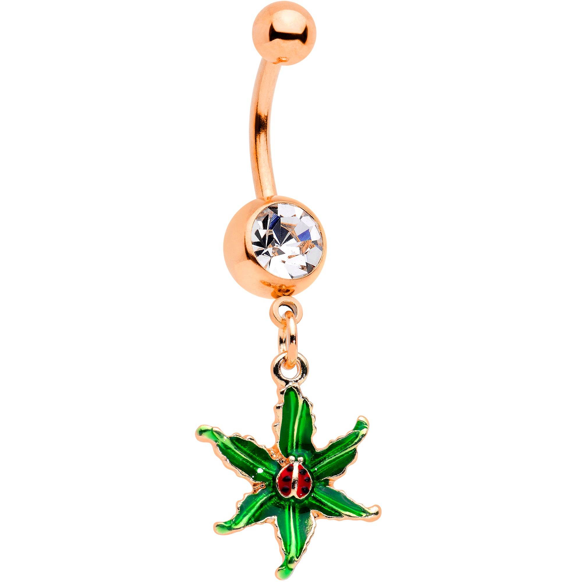 Clear Gem Rose Gold Tone Tiny Ladybug Leaves Dangle Belly Ring