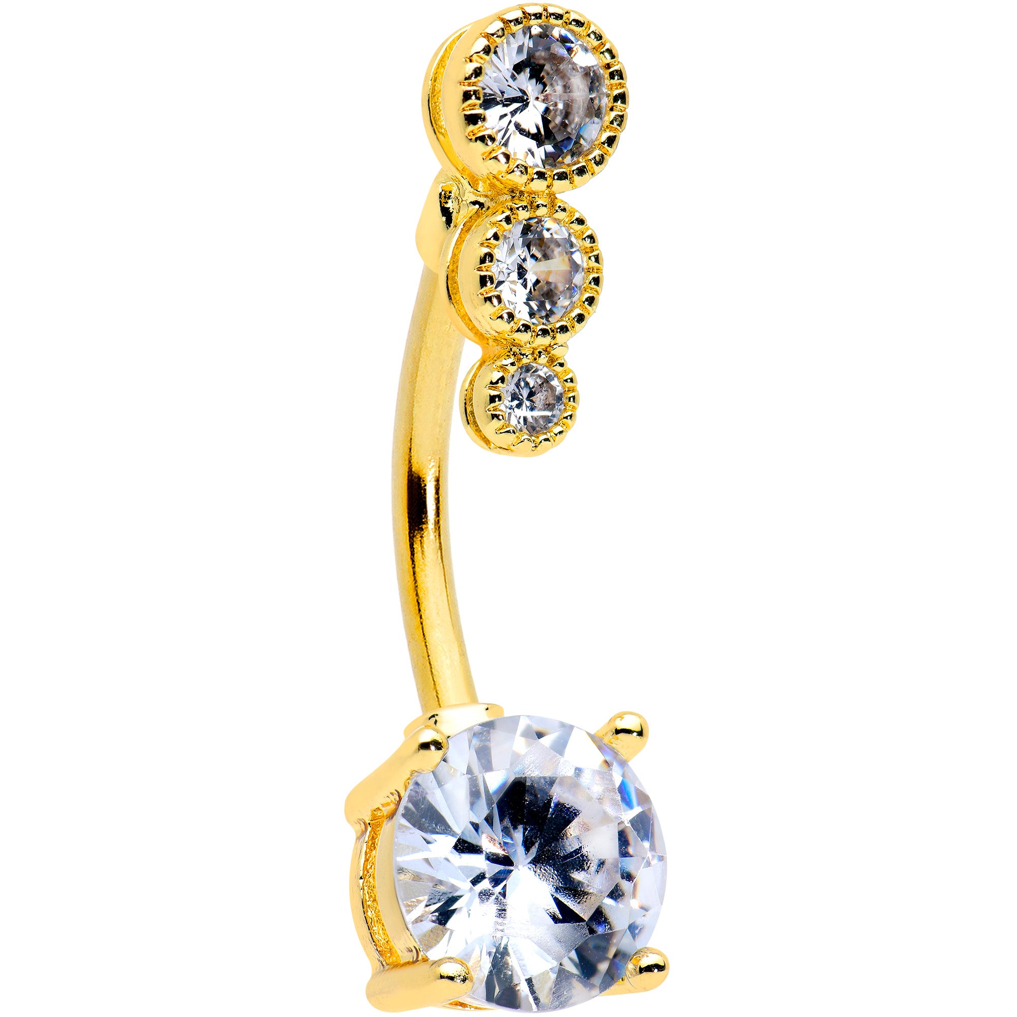 Clear CZ Gem Gold Tone Triple Drop Round Belly Ring