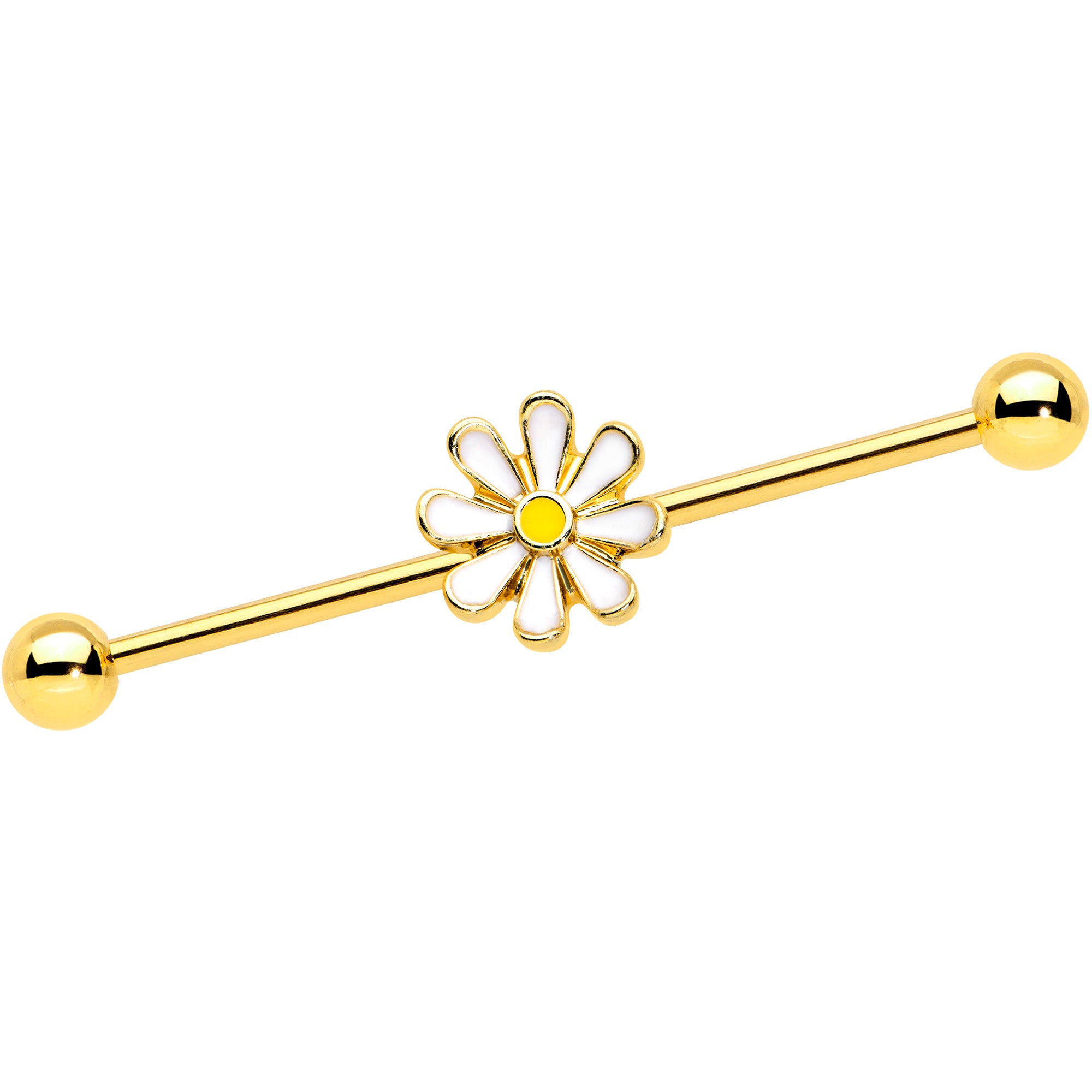 14 Gauge Gold Tone Whimsical Daisy Flower Industrial Barbell 38mm