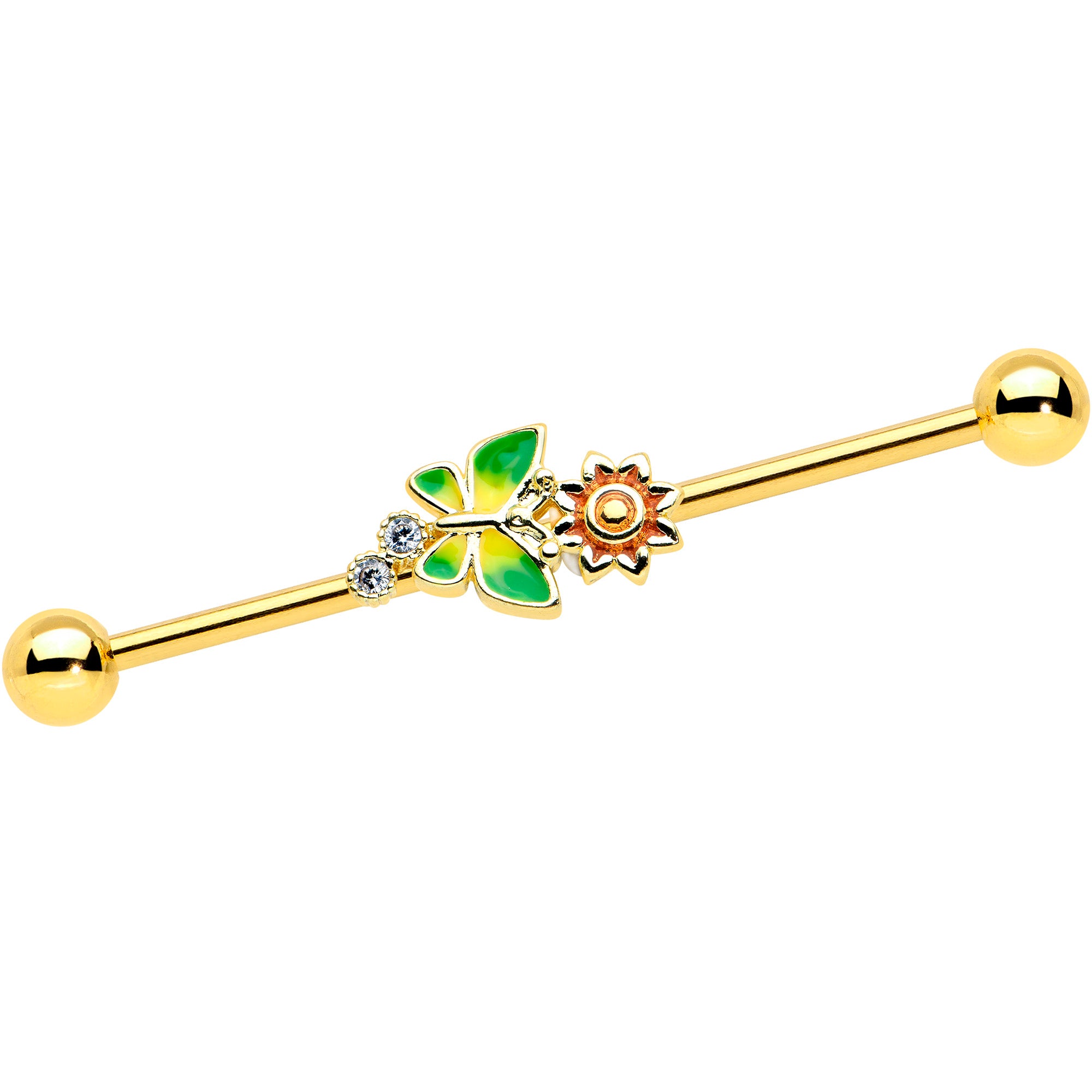 14 Gauge Clear CZ Gem Gold Tone Sun Butterfly Industrial Barbell 38mm