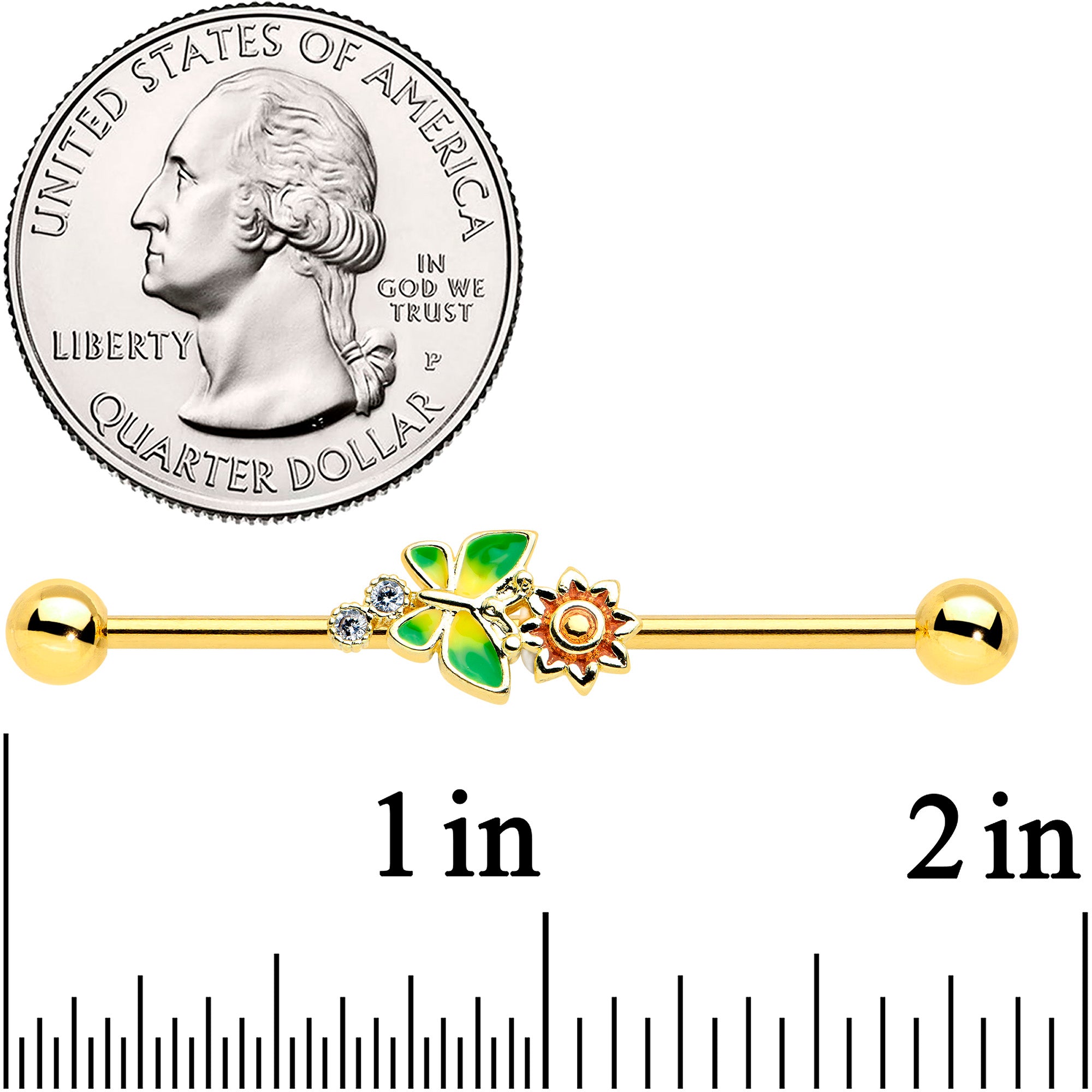 14 Gauge Clear CZ Gem Gold Tone Sun Butterfly Industrial Barbell 38mm