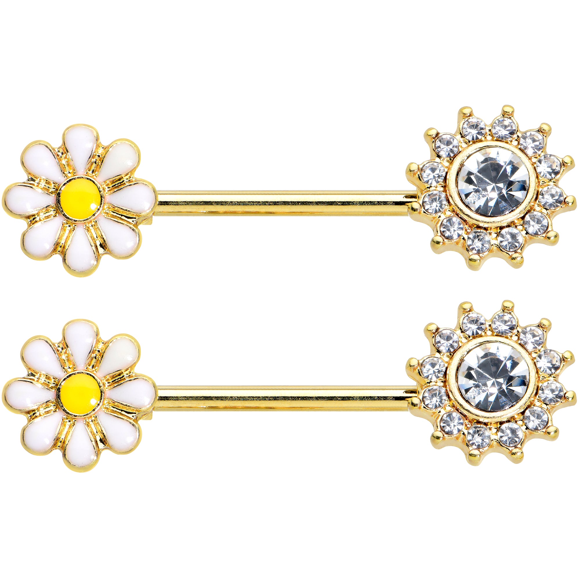 14 Gauge 9/16 Clear Gem Gold Tone Sun Daisy Flower Nipple Ring Set