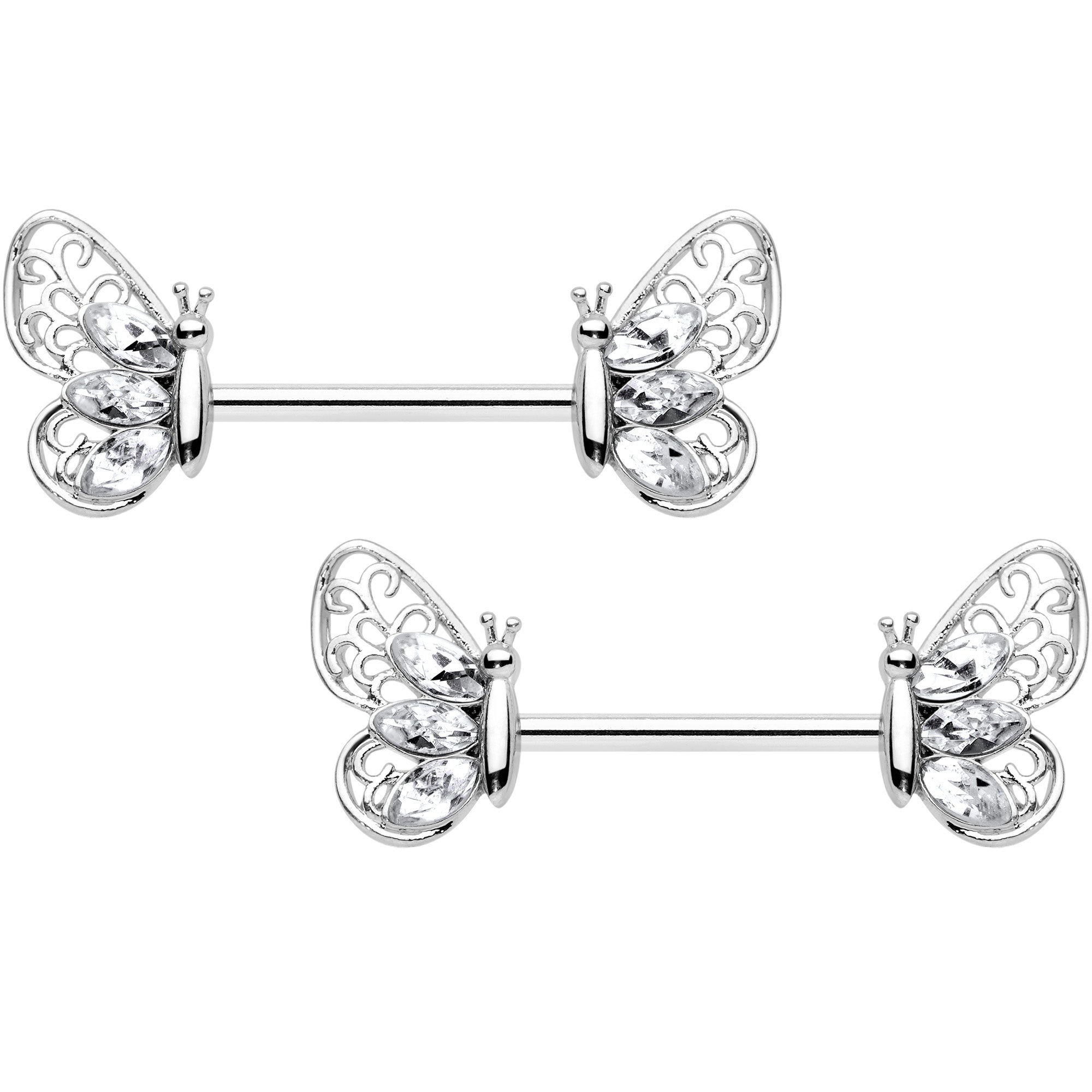 14 Gauge 9/16 Clear Gem Lacy Butterfly Barbell Nipple Ring Set