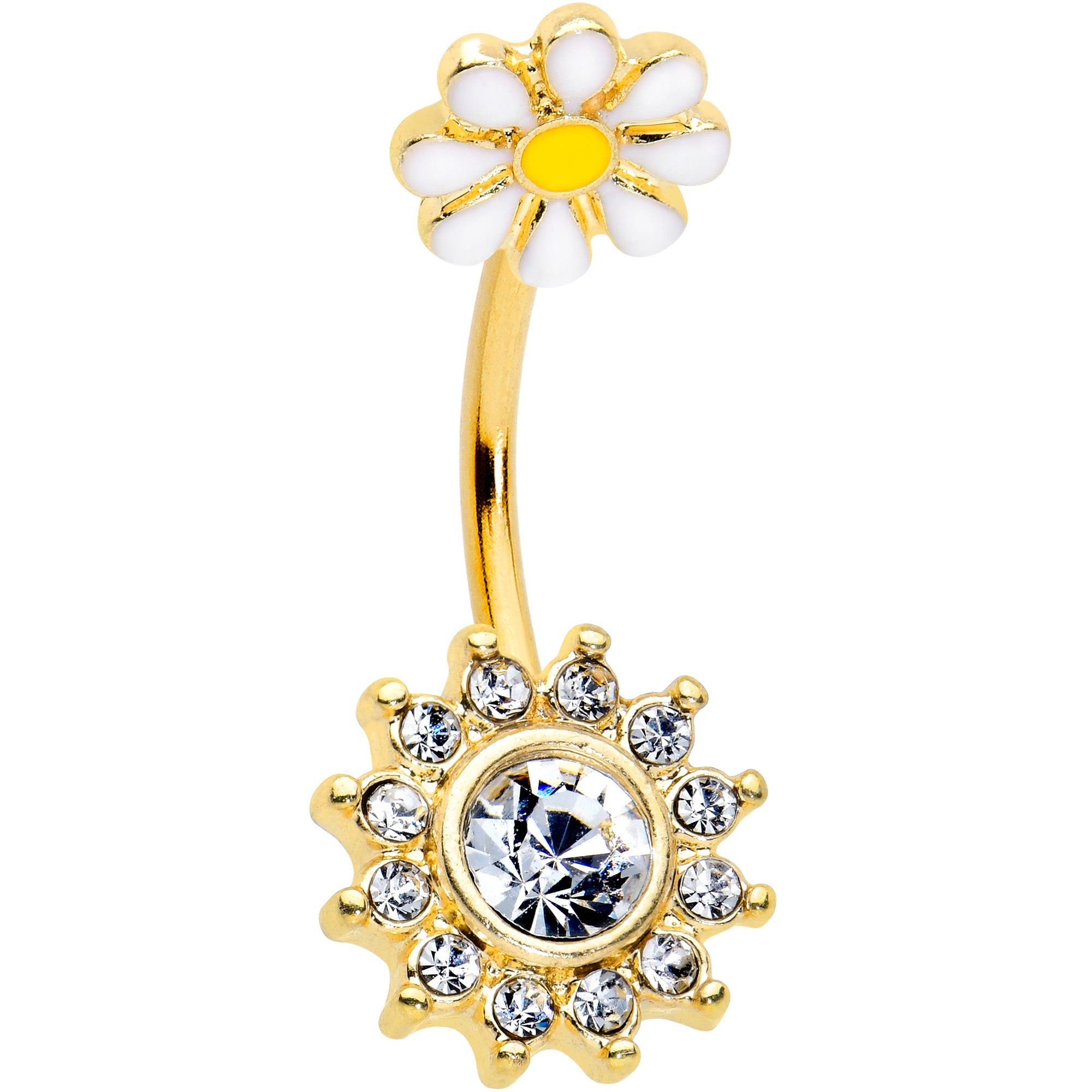 Clear Gem Gold Tone Sun Daisy Flower Double Mount Belly Ring