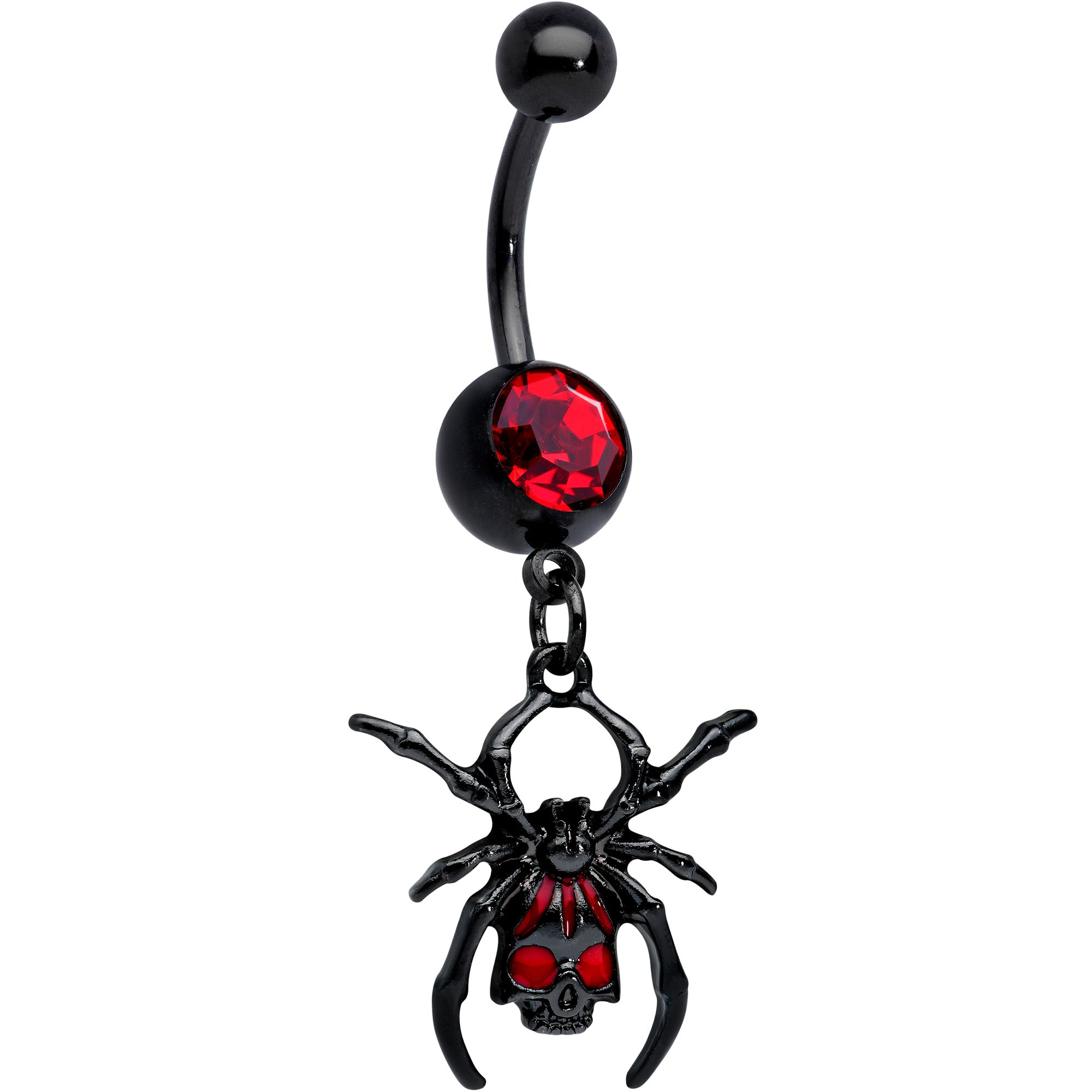 Red Gem Black Skull Spider Halloween Dangle Belly Ring