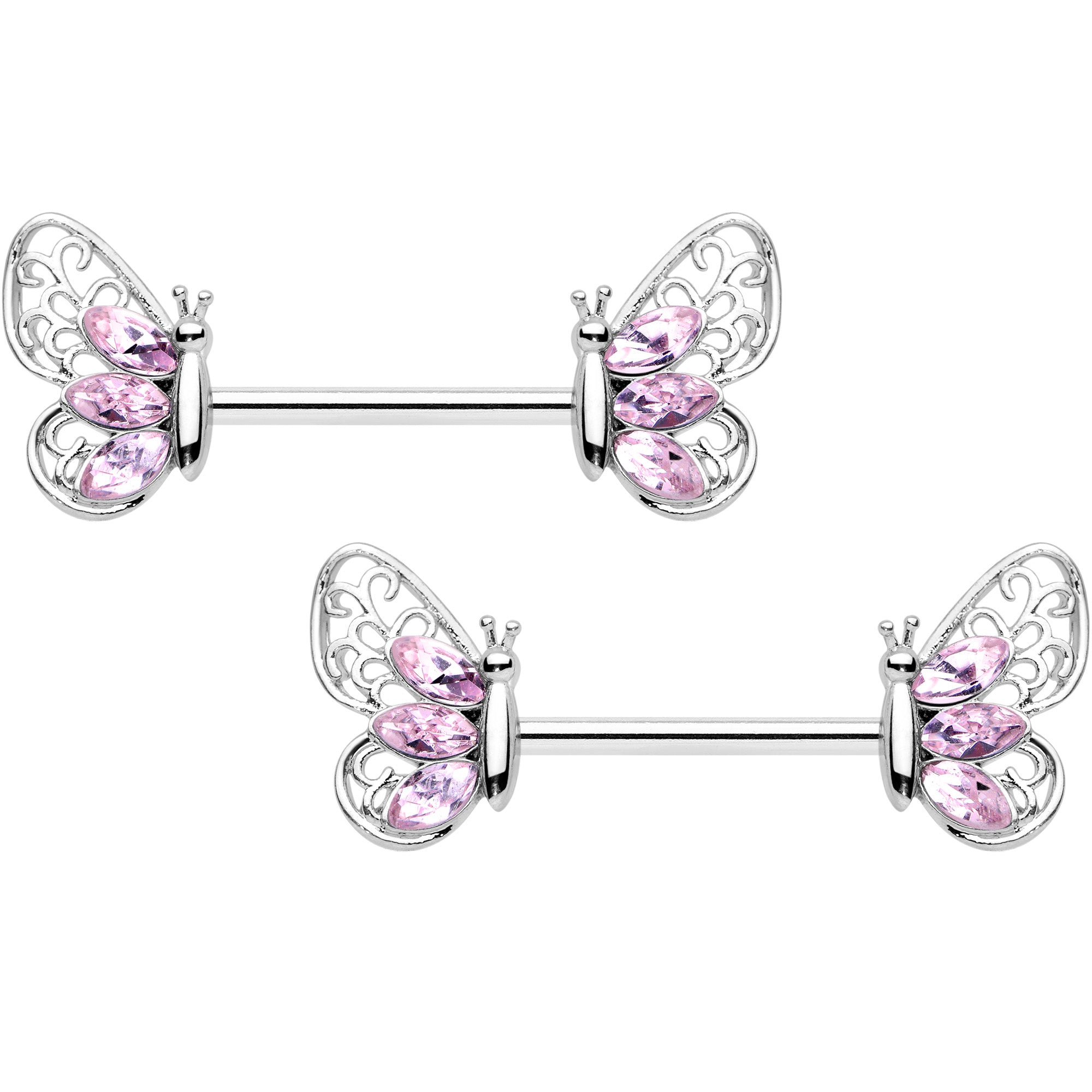 14 Gauge 9/16 Pink Gem Lacy Butterfly Barbell Nipple Ring Set