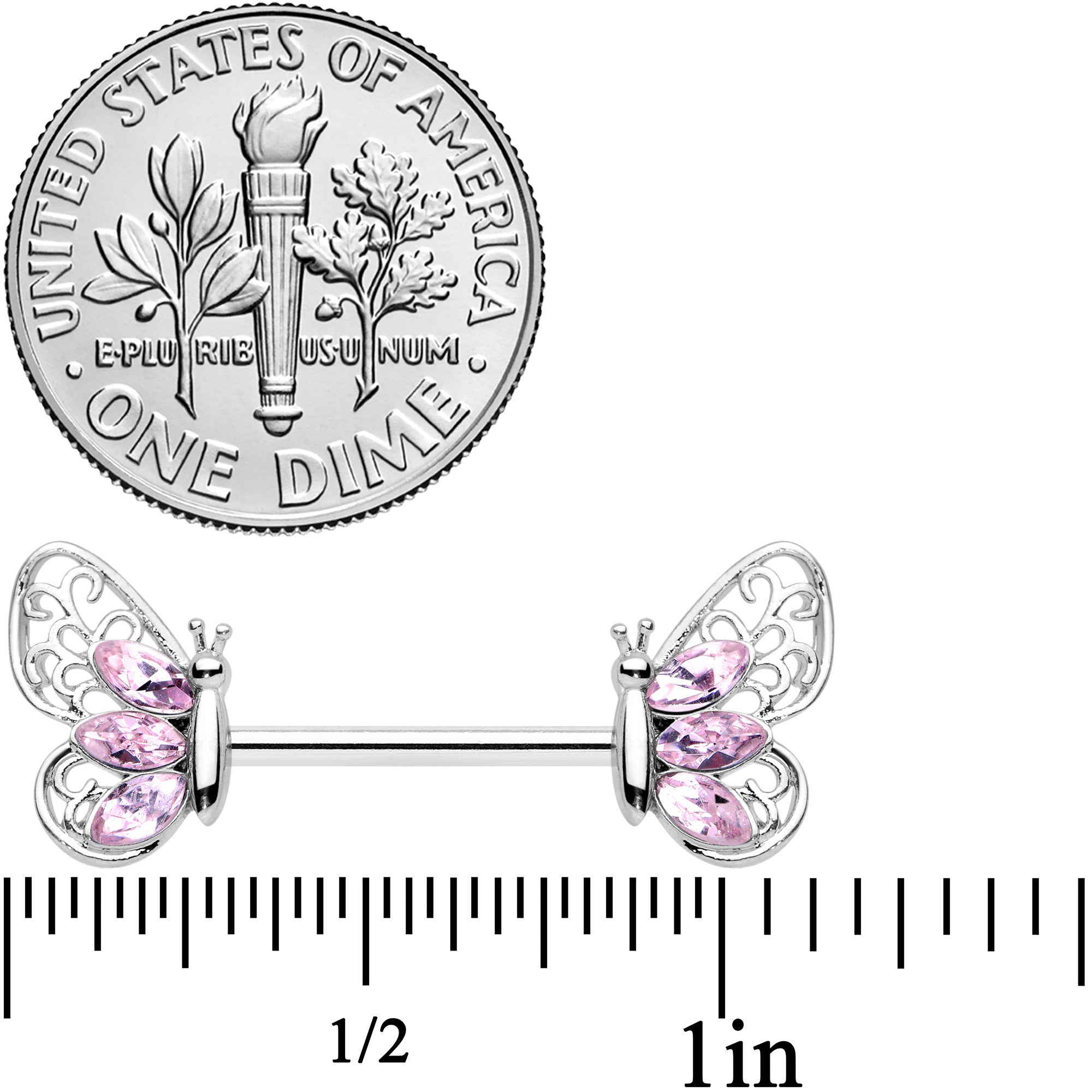 14 Gauge 9/16 Pink Gem Lacy Butterfly Barbell Nipple Ring Set