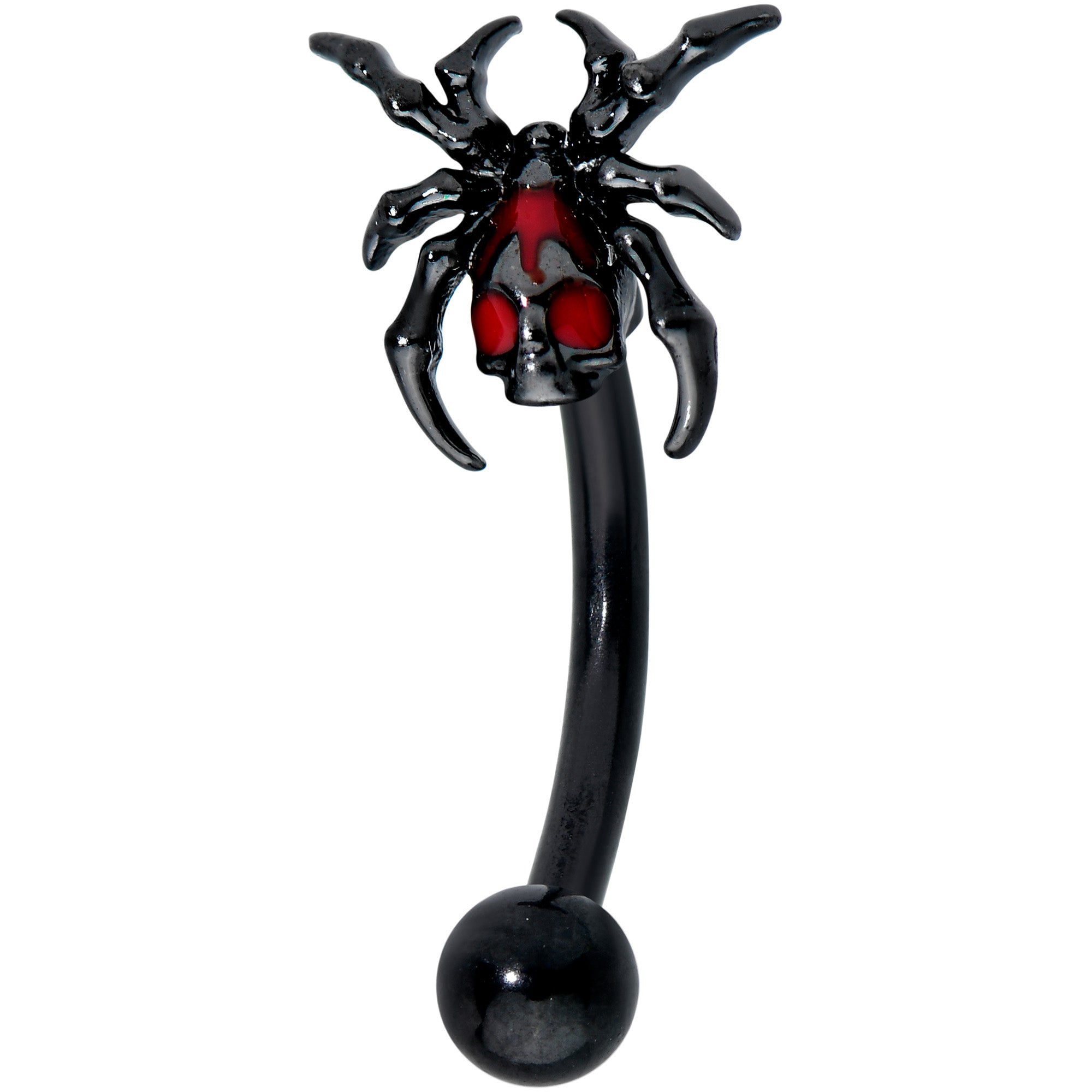 16 Gauge 5/16 Red Gem Black Spider Skull Halloween Curved Eyebrow Ring