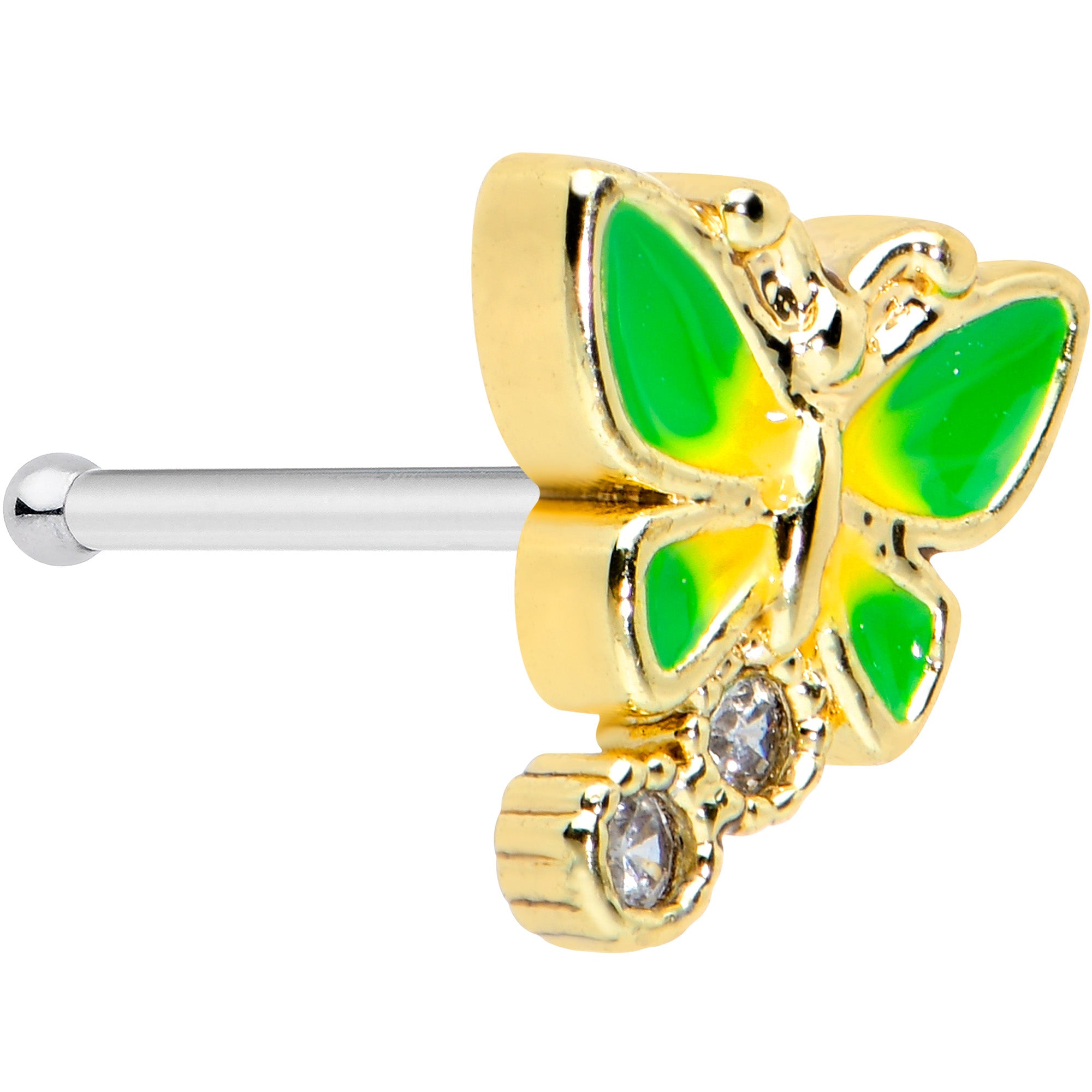 20 Gauge 1/4 Clear CZ Gem Sweet Green Wing Butterfly Nose Bone