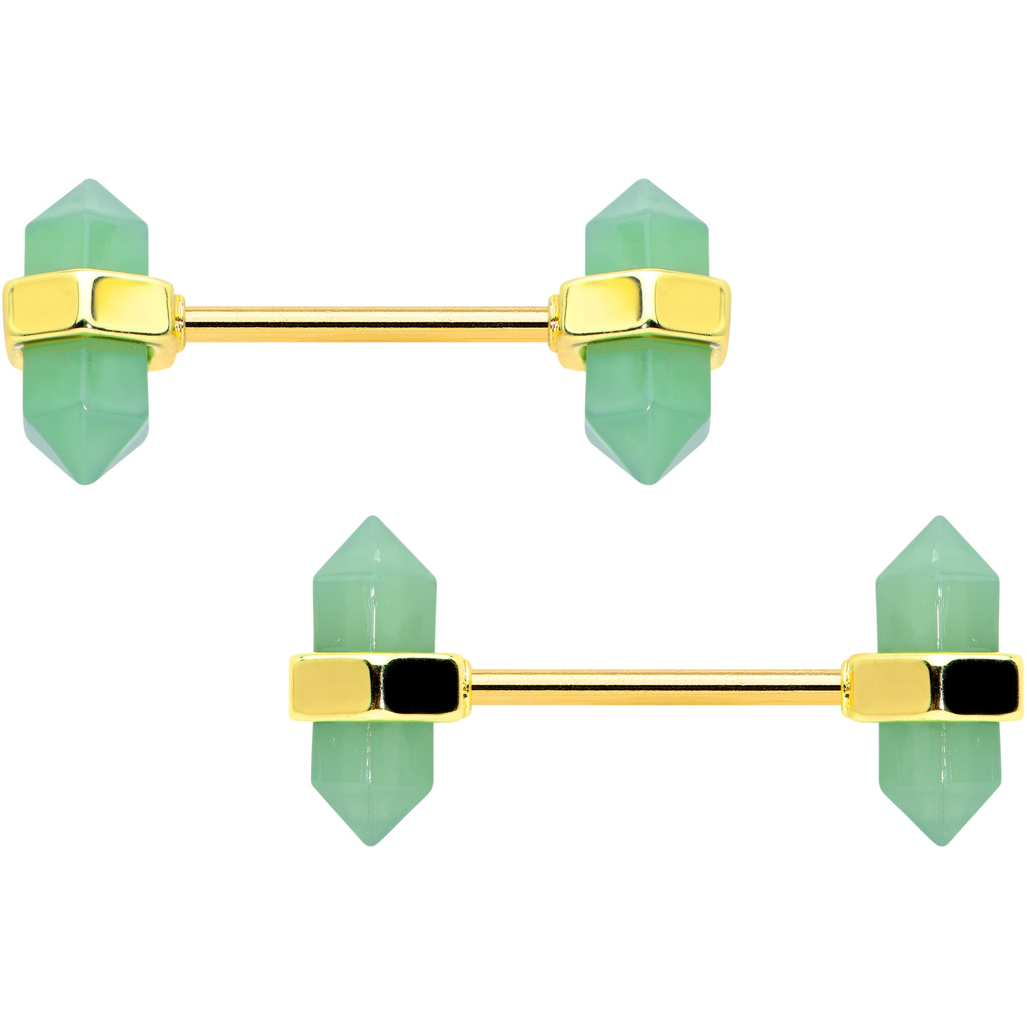 14 Gauge 5/8 Green Gem Gold Tone Barbell Nipple Ring Set