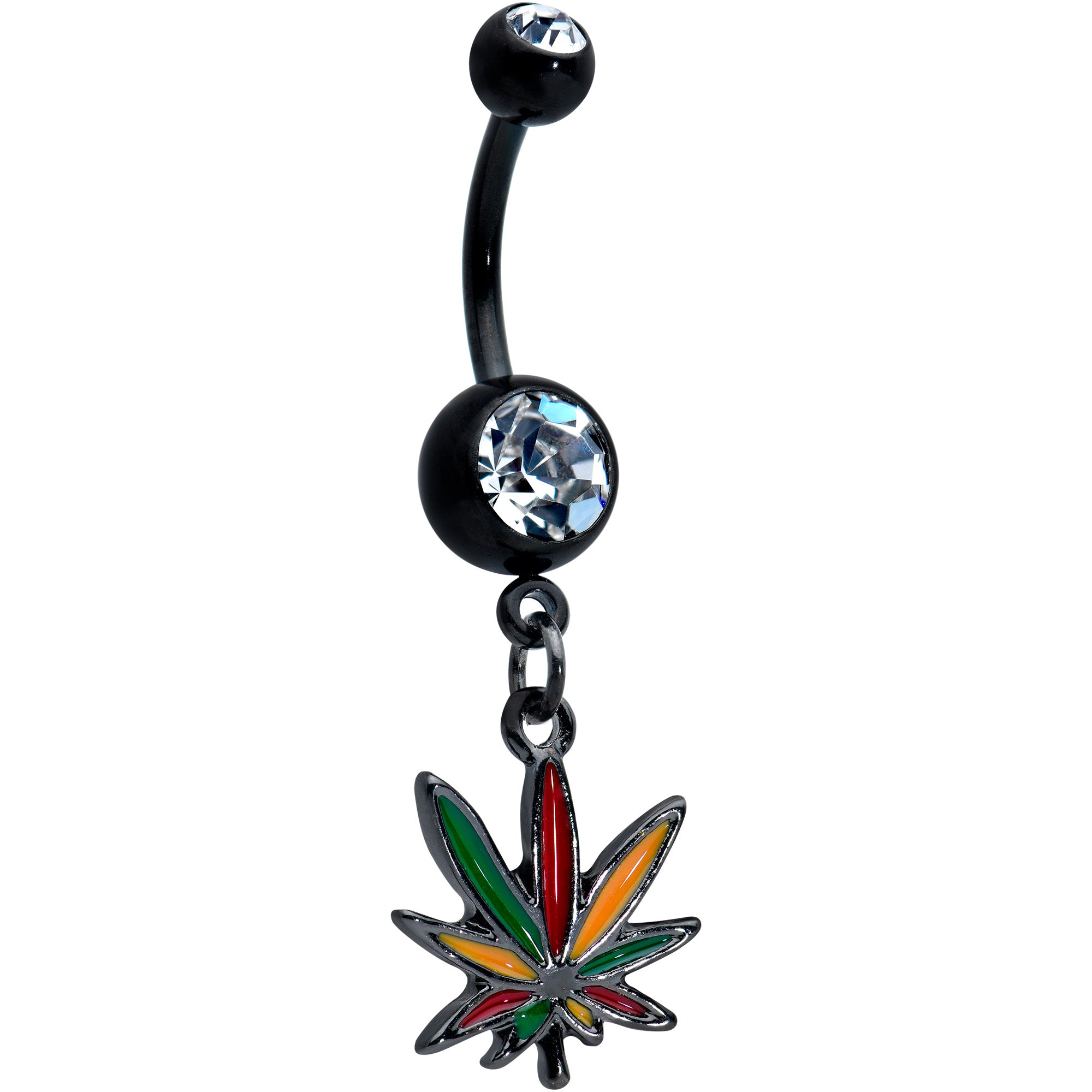 Clear Gem Black Multicolor Pot Leaf Weed Dangle Belly Ring