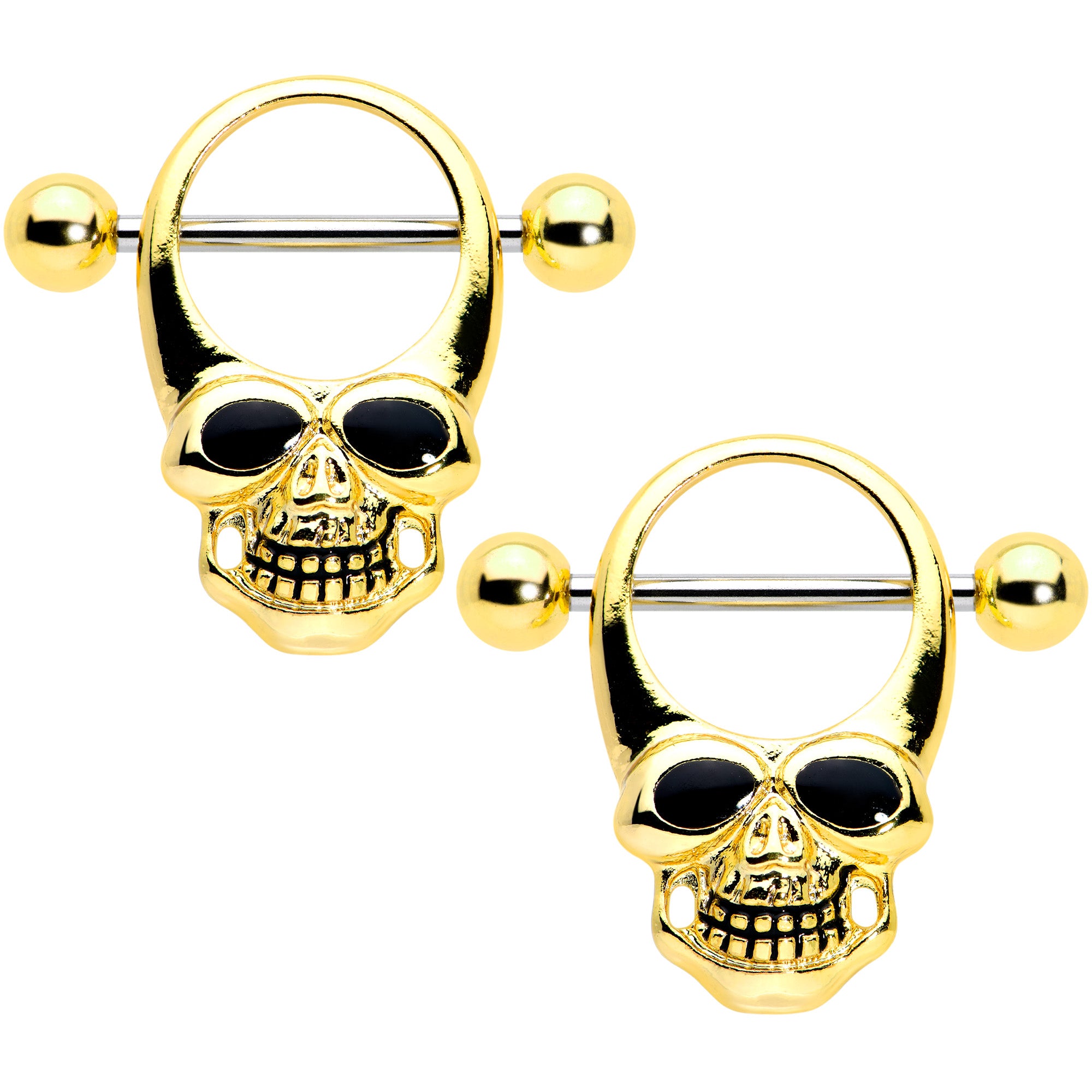 14 Gauge 1/2 Gold Tone Grinning Skull Nipple Shield Set