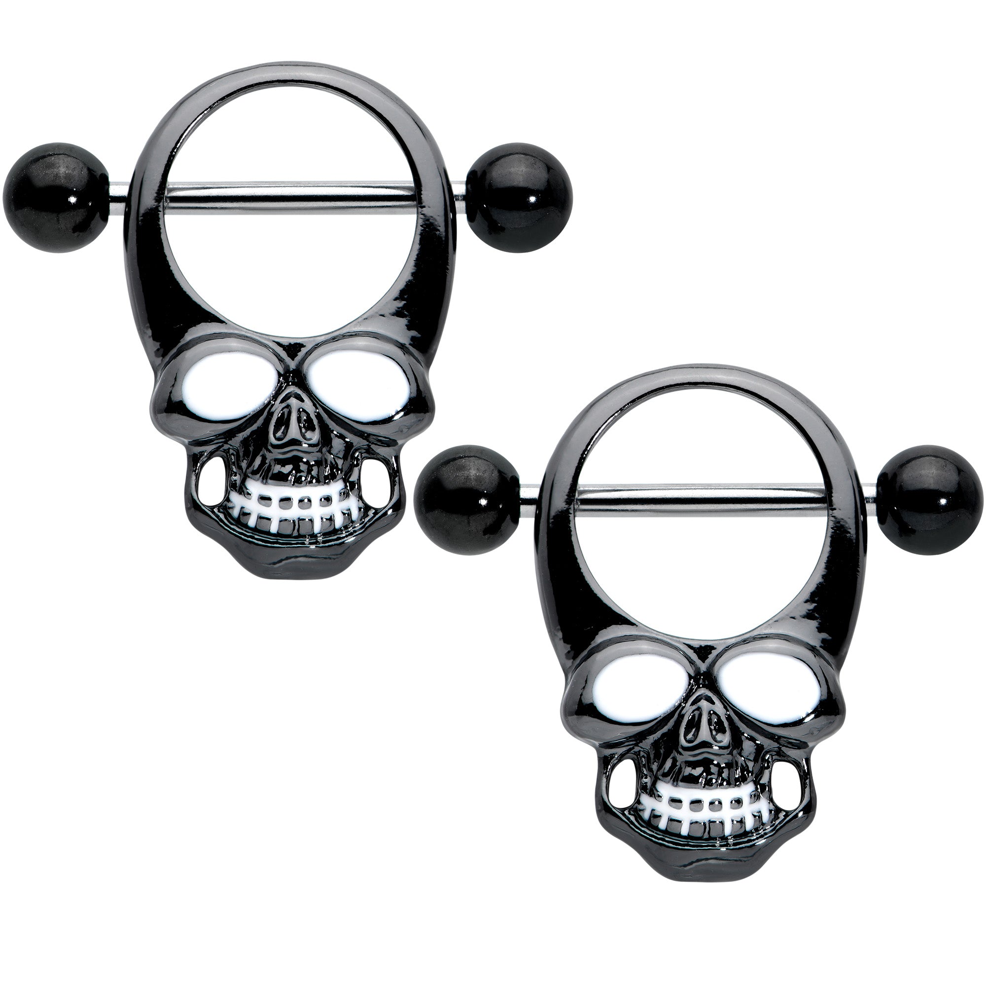 14 Gauge 1/2 Black Grinning Skull Nipple Shield Set